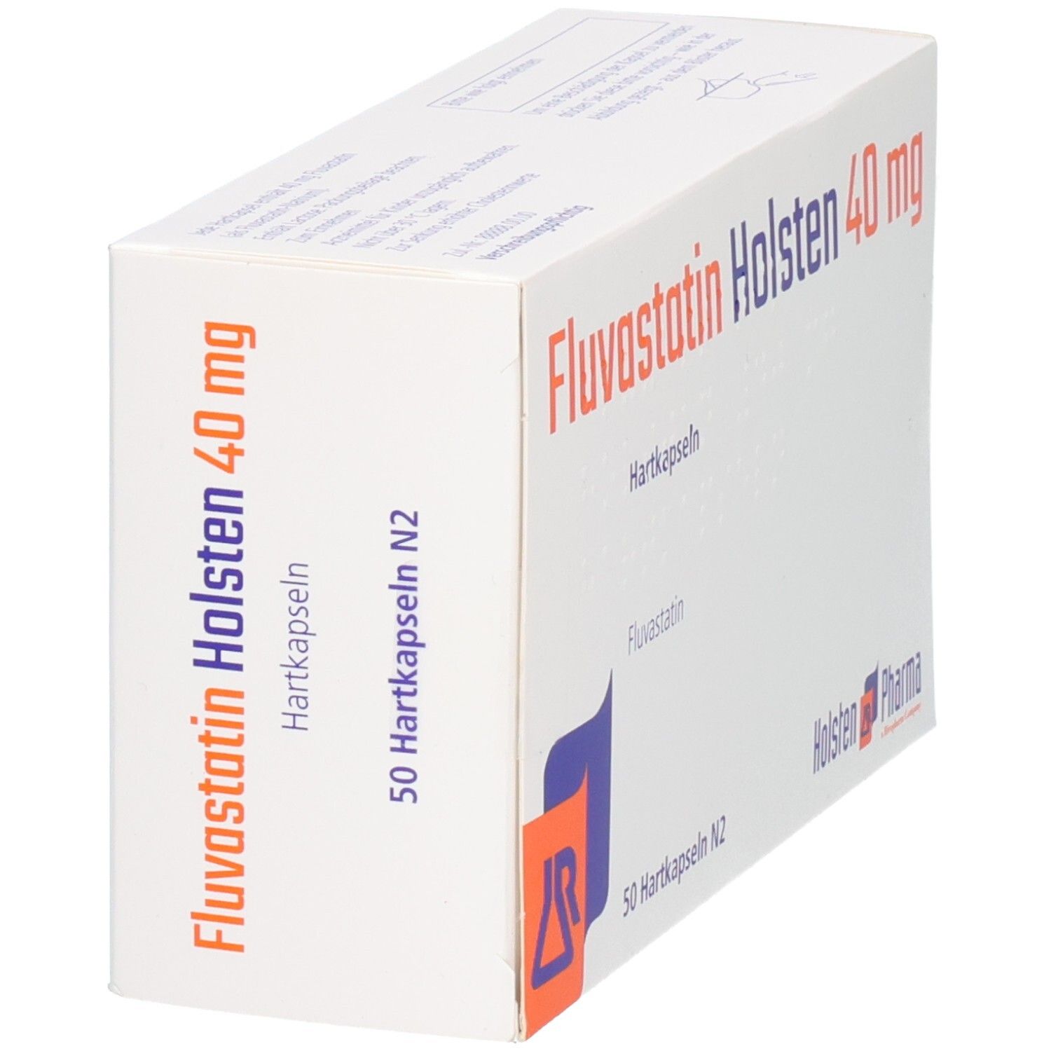 Schachtel Fluvastatin Holsten 40 mg Hartkapseln. Aufschrift: 50 Hartkapseln N2. Logo Holsten Pharma. Schräge Ansicht.