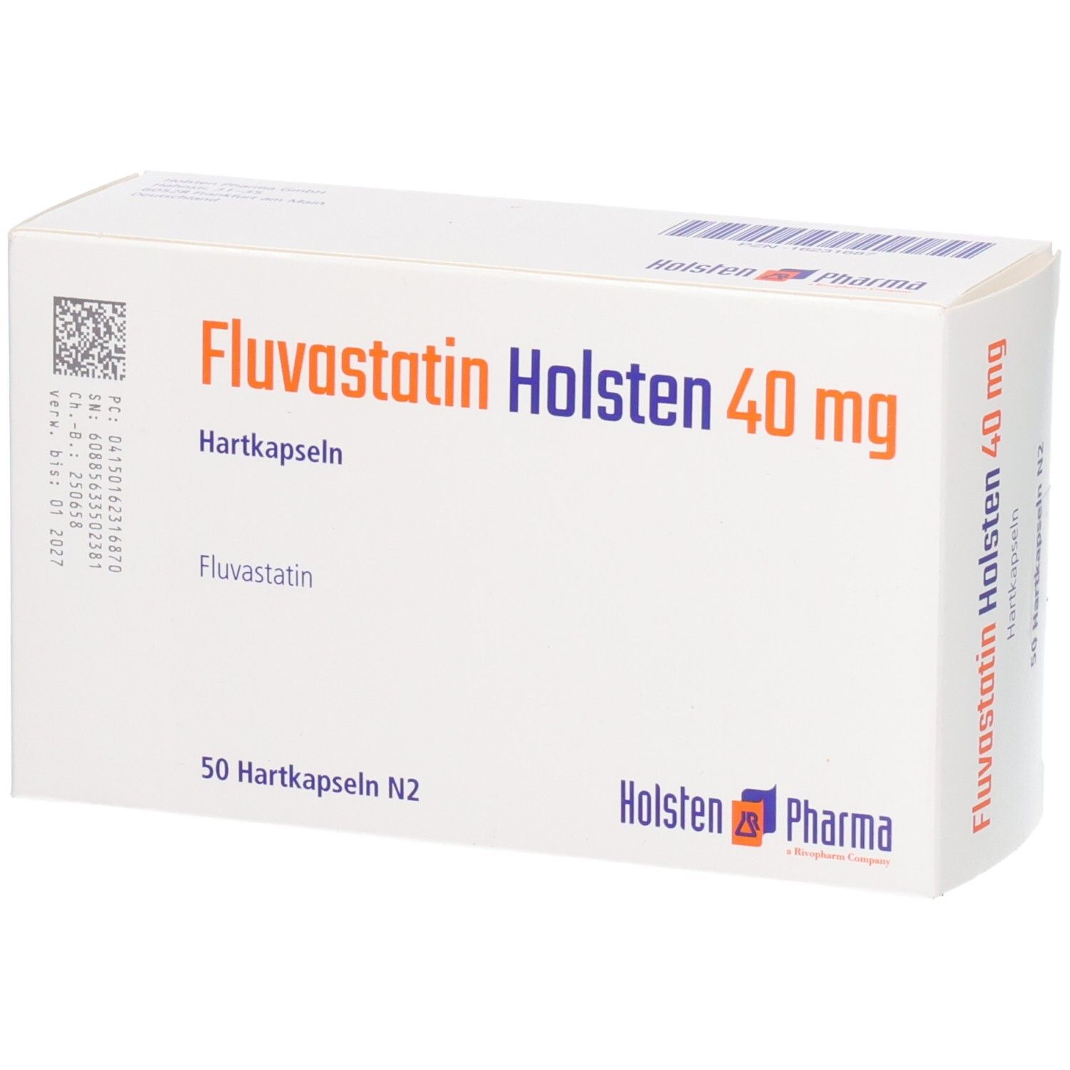 Schachtel mit Fluvastatin Holsten 40 mg Hartkapseln. Aufschrift: 50 Hartkapseln N2. Logo Holsten Pharma.