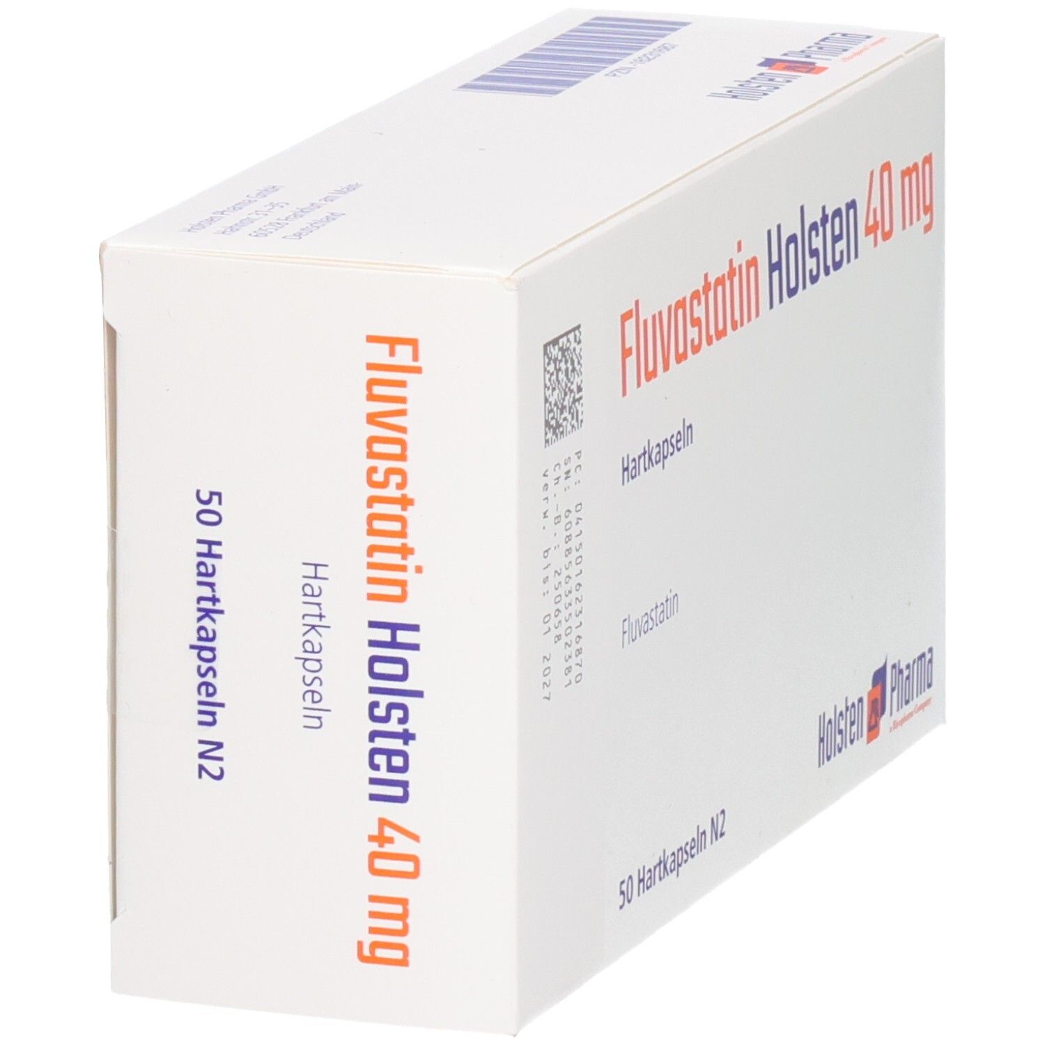 Schachtel Fluvastatin Holsten 40 mg Hartkapseln. Aufschrift: 50 Hartkapseln N2. Logo Holsten Pharma. Schräge Ansicht.