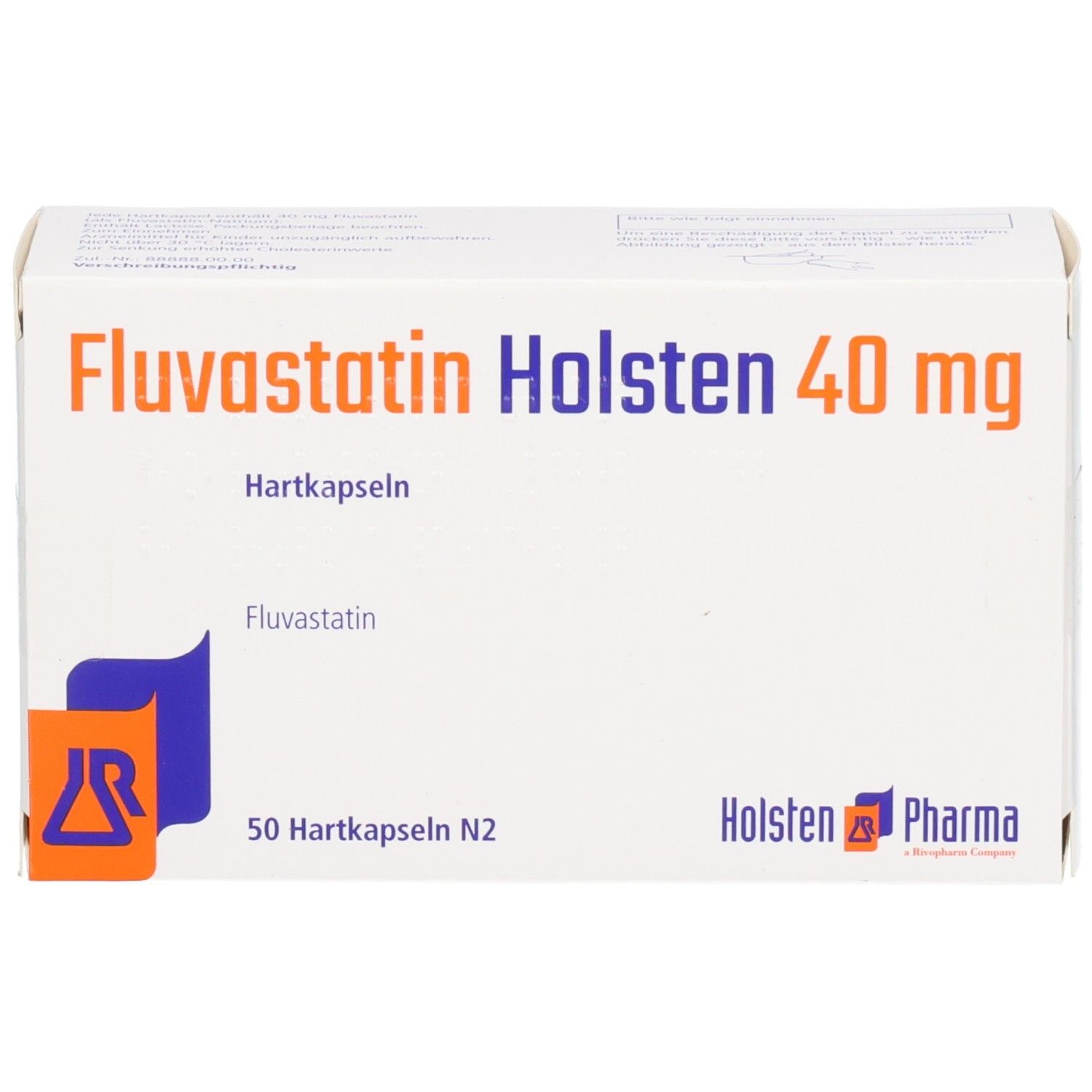 Schachtel mit Fluvastatin Holsten 40 mg Hartkapseln. Aufschrift: 50 Hartkapseln N2. Logo Holsten Pharma.