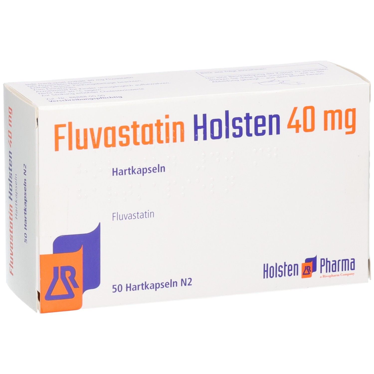 Schachtel Fluvastatin Holsten 40 mg Hartkapseln. Aufschrift: 50 Hartkapseln N2. Logo Holsten Pharma. Schräge Ansicht.