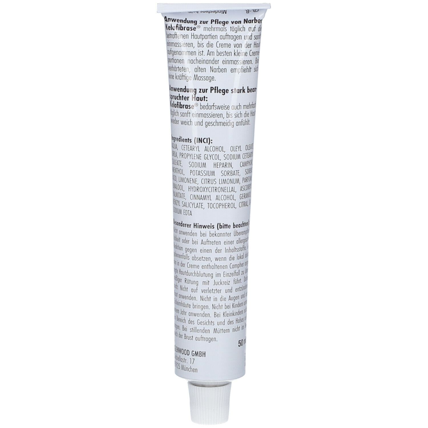 Rückseite der Creme-Tube. Text und Inhaltsstoffe in deutscher Sprache. Weißer Hintergrund mit rosa Akzenten.