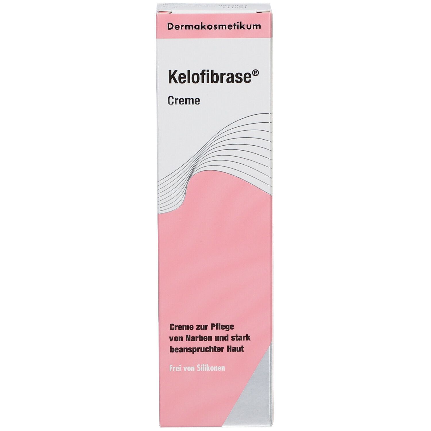 Produktverpackung, Schachtel. Aufschrift: Kelofibrase® Creme. Rosa-weiße Farbgebung. Text: Creme zur Pflege von Narben und beanspruchter Haut.