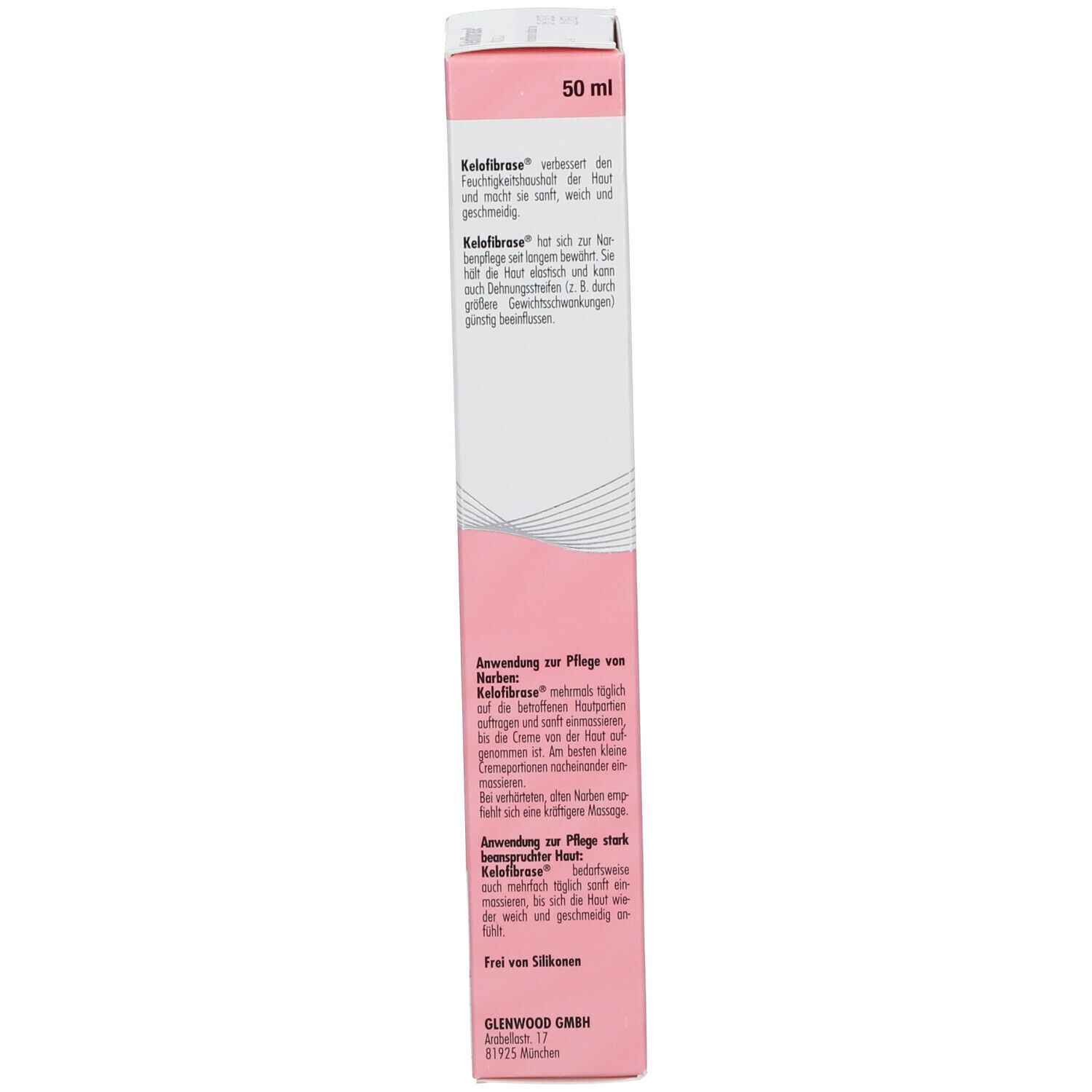 Schachtel, Seitenansicht. Aufschrift: Kelofibrase® Creme. Text in deutscher Sprache. Rosa-weiße Farbgebung.