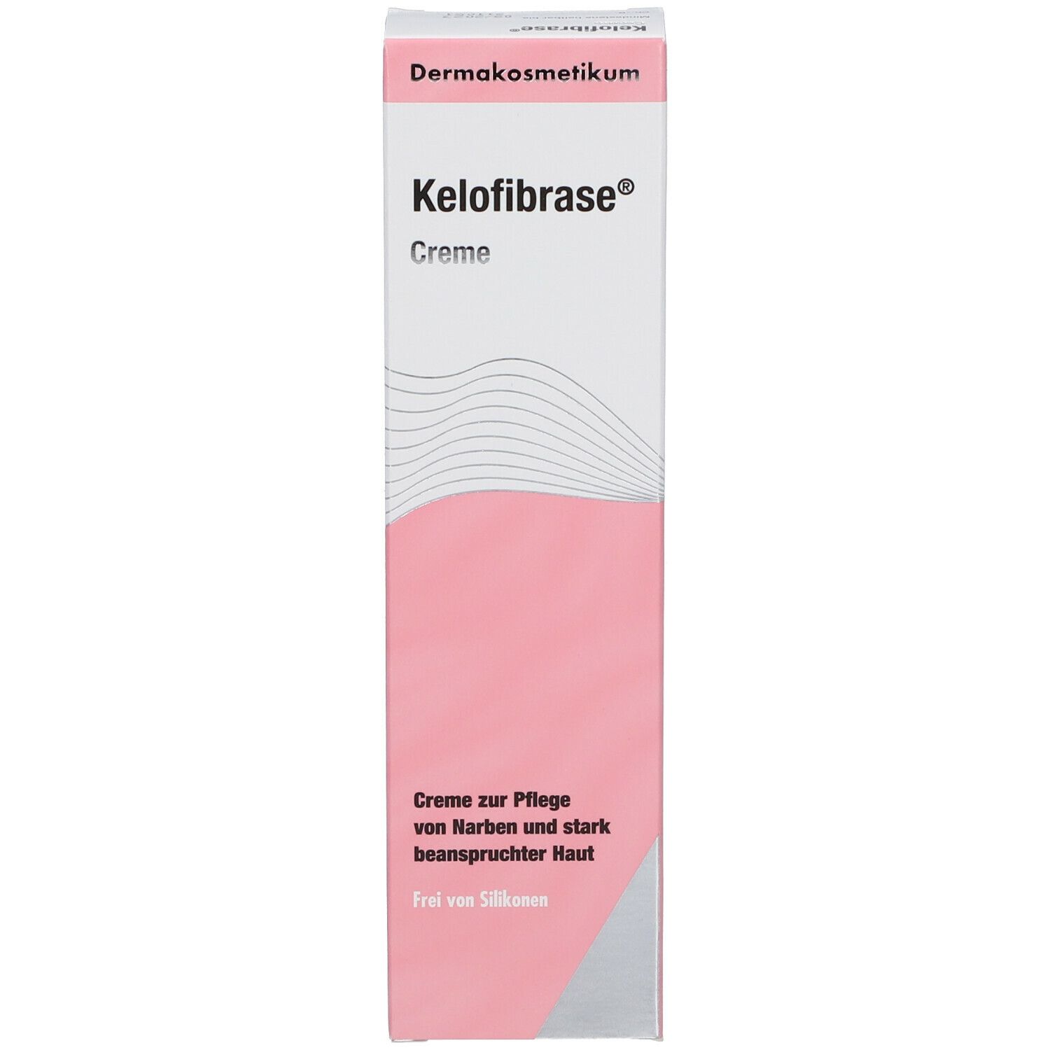 Produktverpackung, Schachtel. Aufschrift: Kelofibrase® Creme. Rosa-weiße Farbgebung. Text: Creme zur Pflege von Narben und beanspruchter Haut.