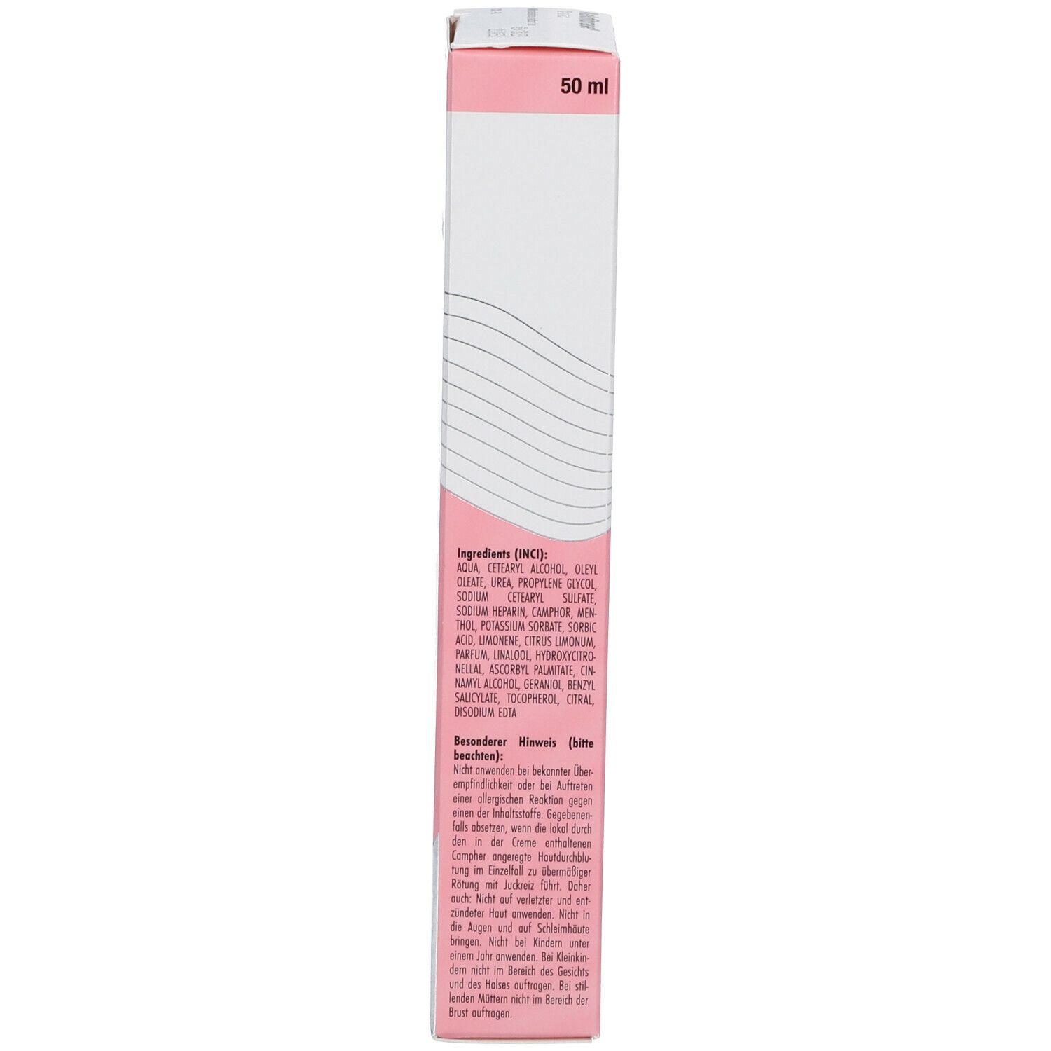 Schachtel, Rückseite. Text und Inhaltsstoffe in deutscher Sprache. Weißer Hintergrund mit rosa Akzenten.
