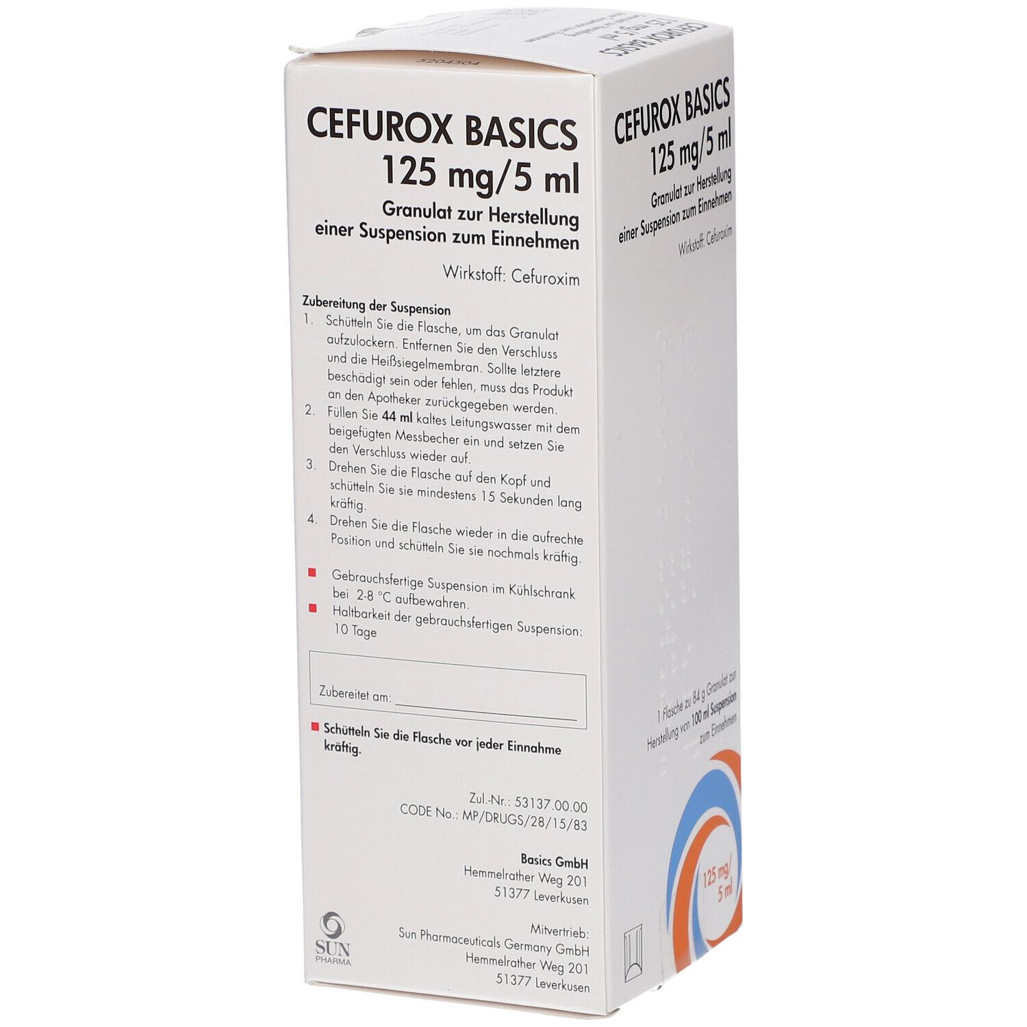 Cefurox Basics 125 mg/5 ml. Packungsseite mit detaillierten Zubereitungsschritten für die Suspension.