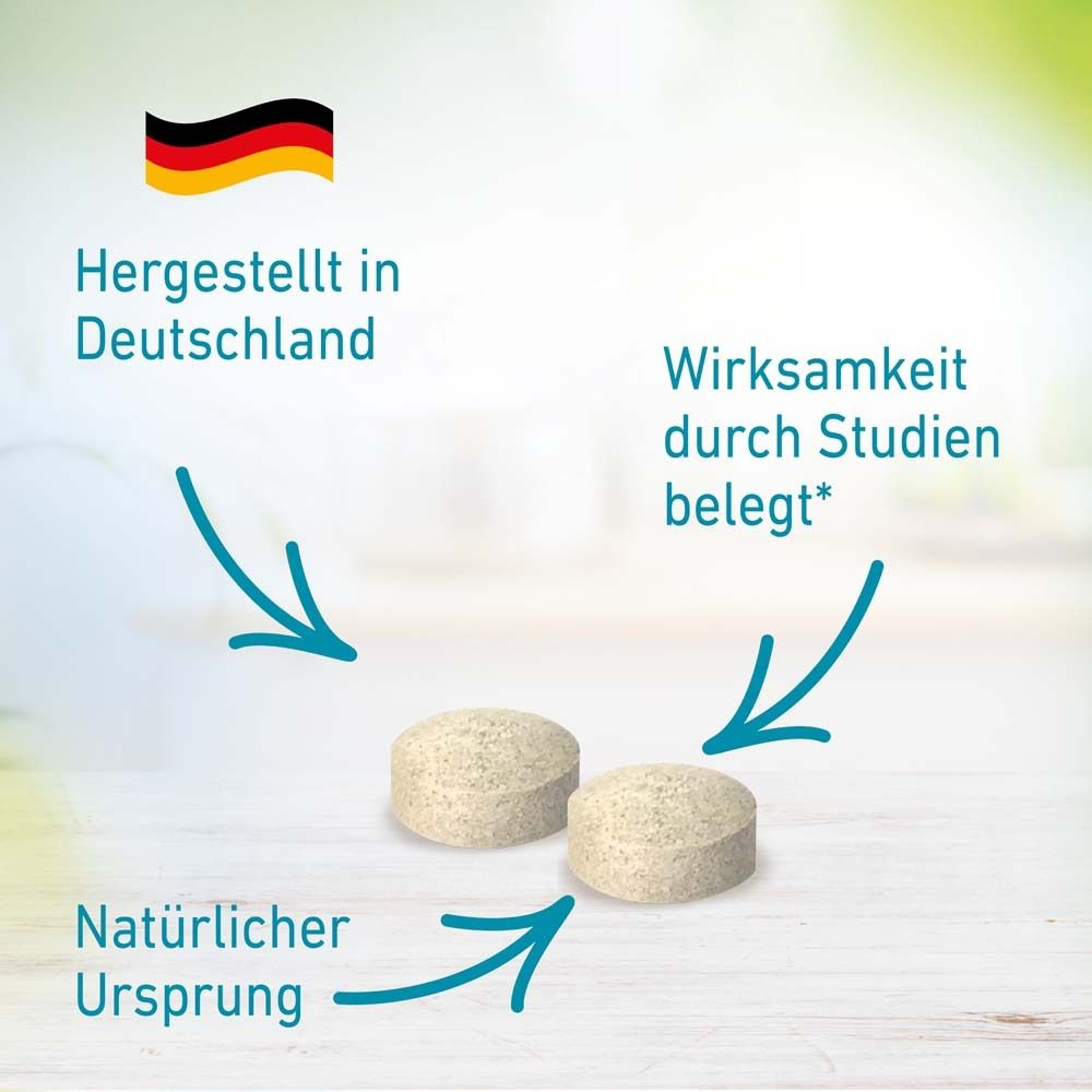 Zwei Tabletten, Pfeile zeigen auf: Hergestellt in Deutschland, Natürlicher Ursprung, Wirksamkeit durch Studien.