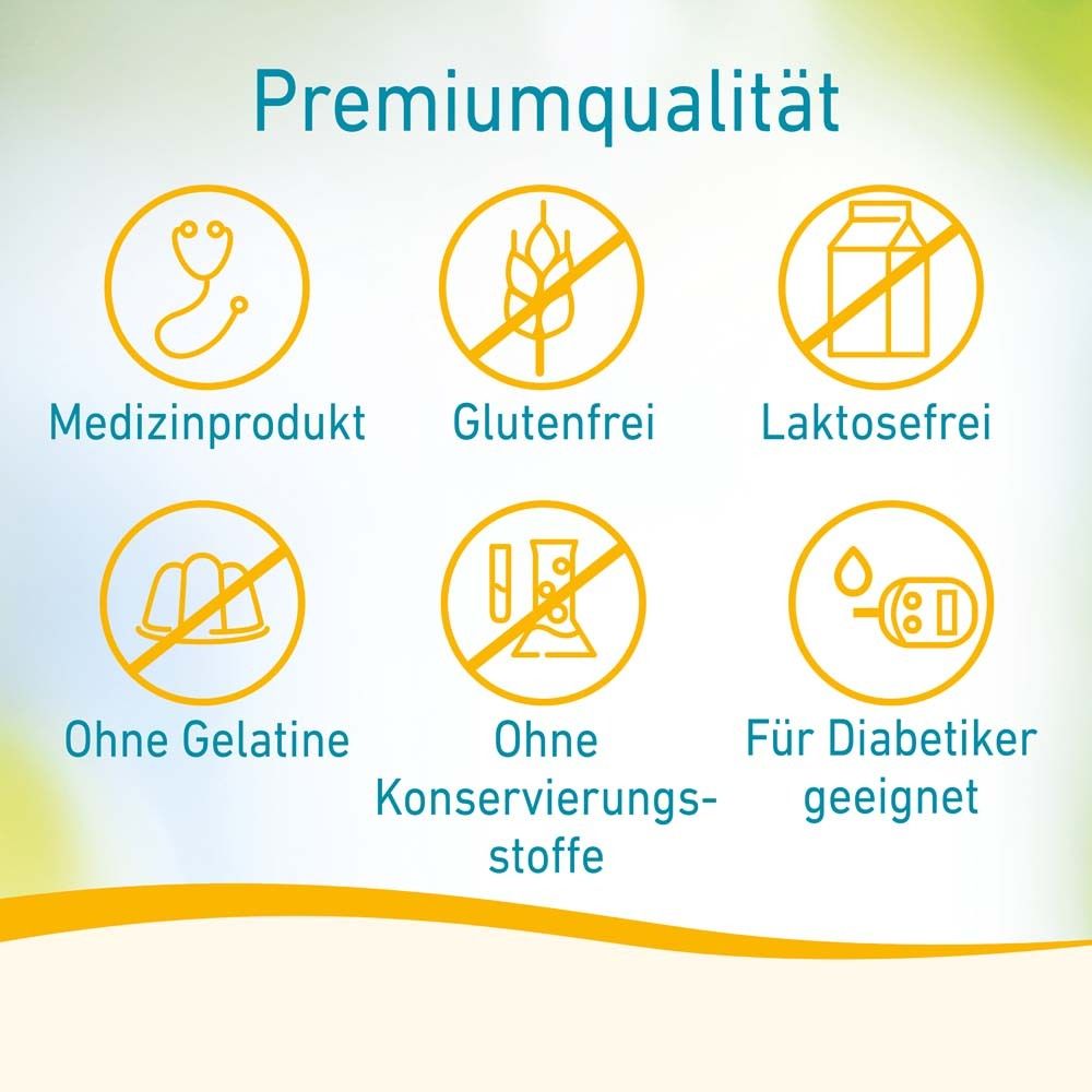 Grafik mit Symbolen: Medizinprodukt, glutenfrei, laktosefrei, ohne Gelatine, ohne Konservierungsstoffe, für Diabetiker geeignet.