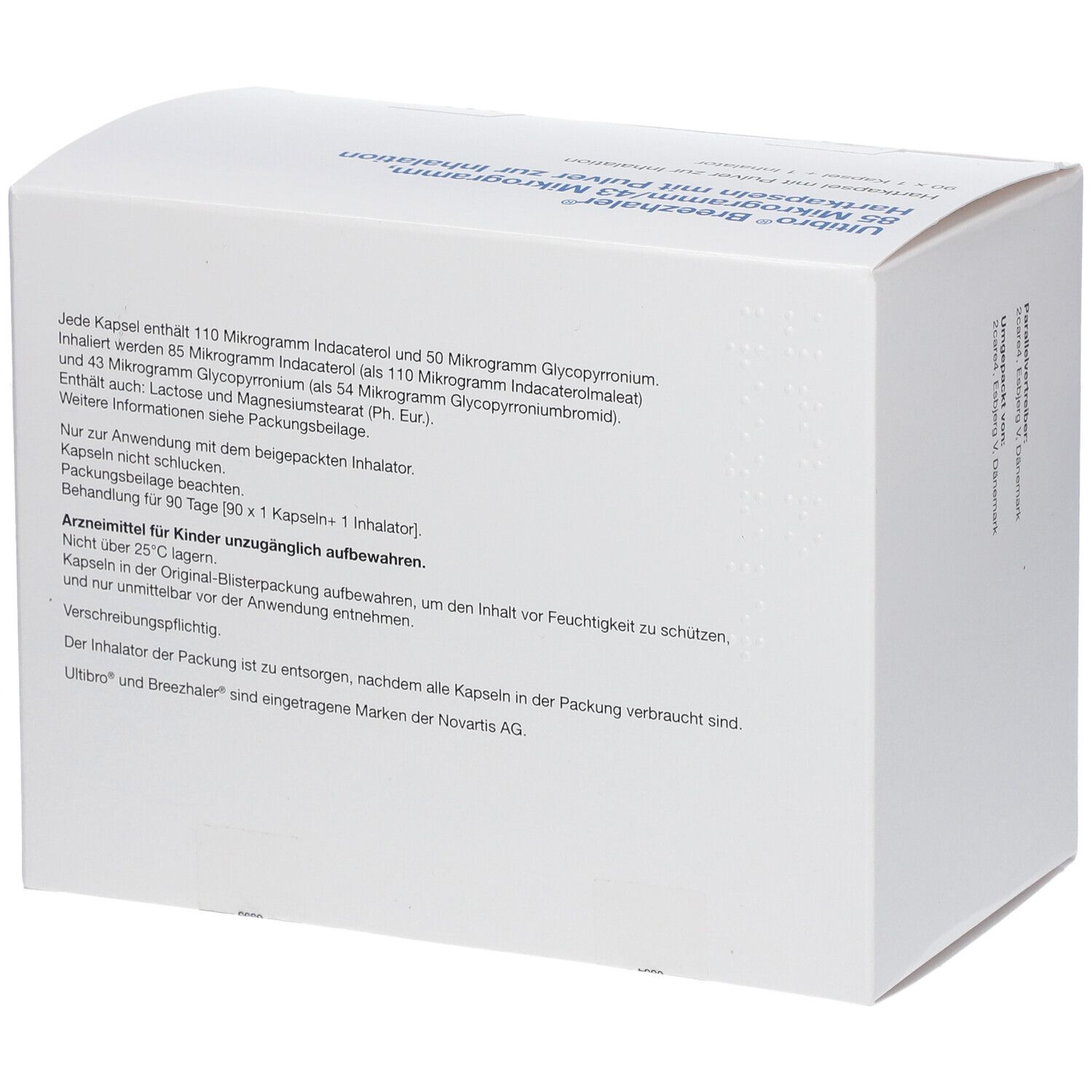 Weiße Verpackung mit blauer Schrift. Enthält Informationen zu ULTIBRO BREEZHALER 85 Mikrogramm/43 Mikrogramm Hartkapseln.