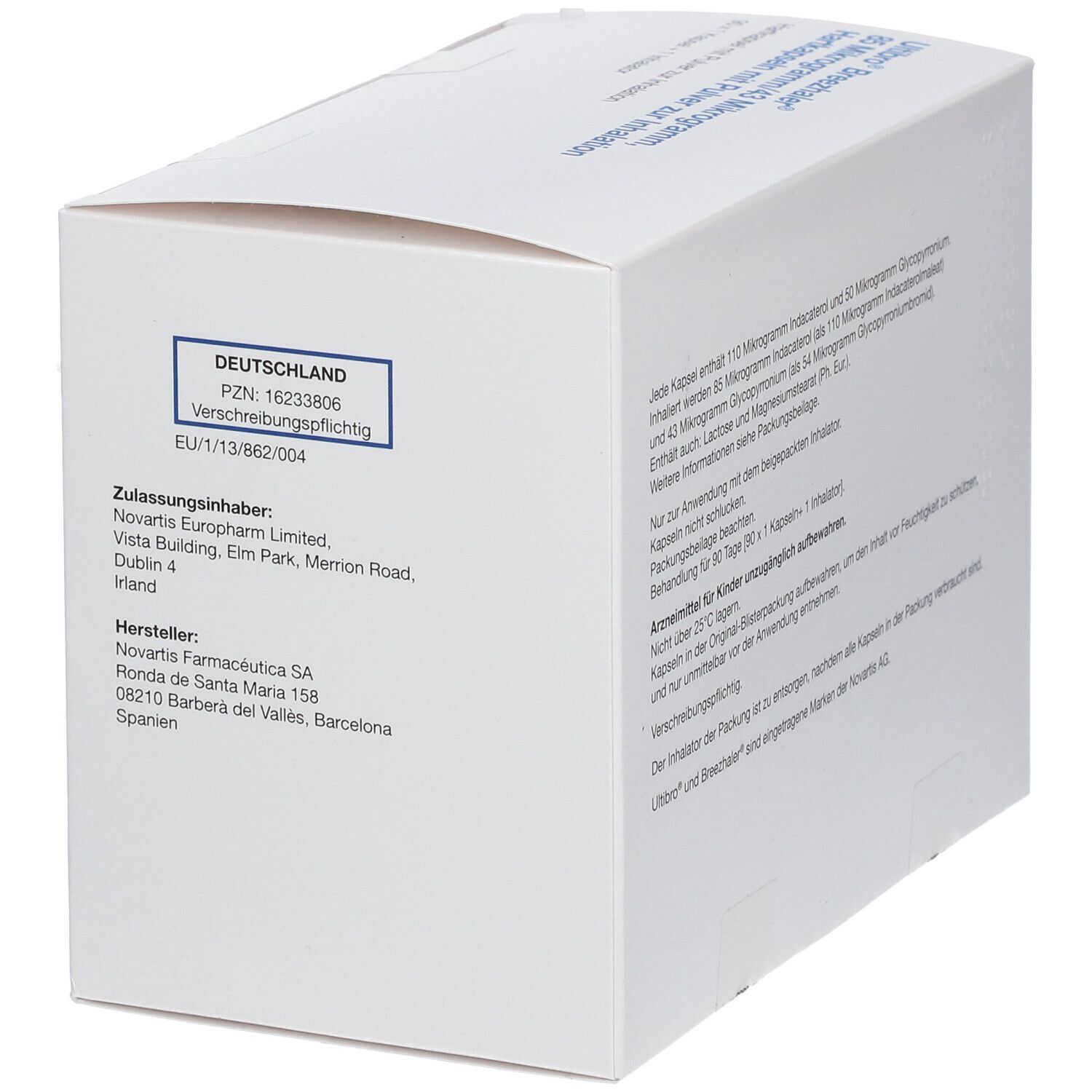 Weiße Verpackung mit blauer Schrift. Enthält Informationen zu ULTIBRO BREEZHALER 85 Mikrogramm/43 Mikrogramm Hartkapseln.