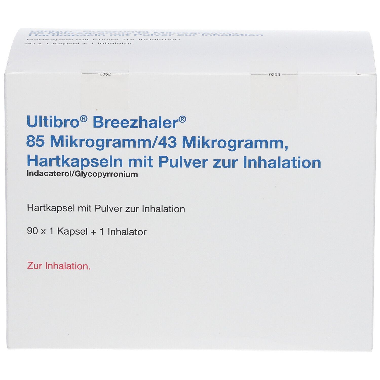 Weiße Verpackung mit blauer Schrift. Enthält ULTIBRO BREEZHALER 85 Mikrogramm/43 Mikrogramm Hartkapseln zur Inhalation.