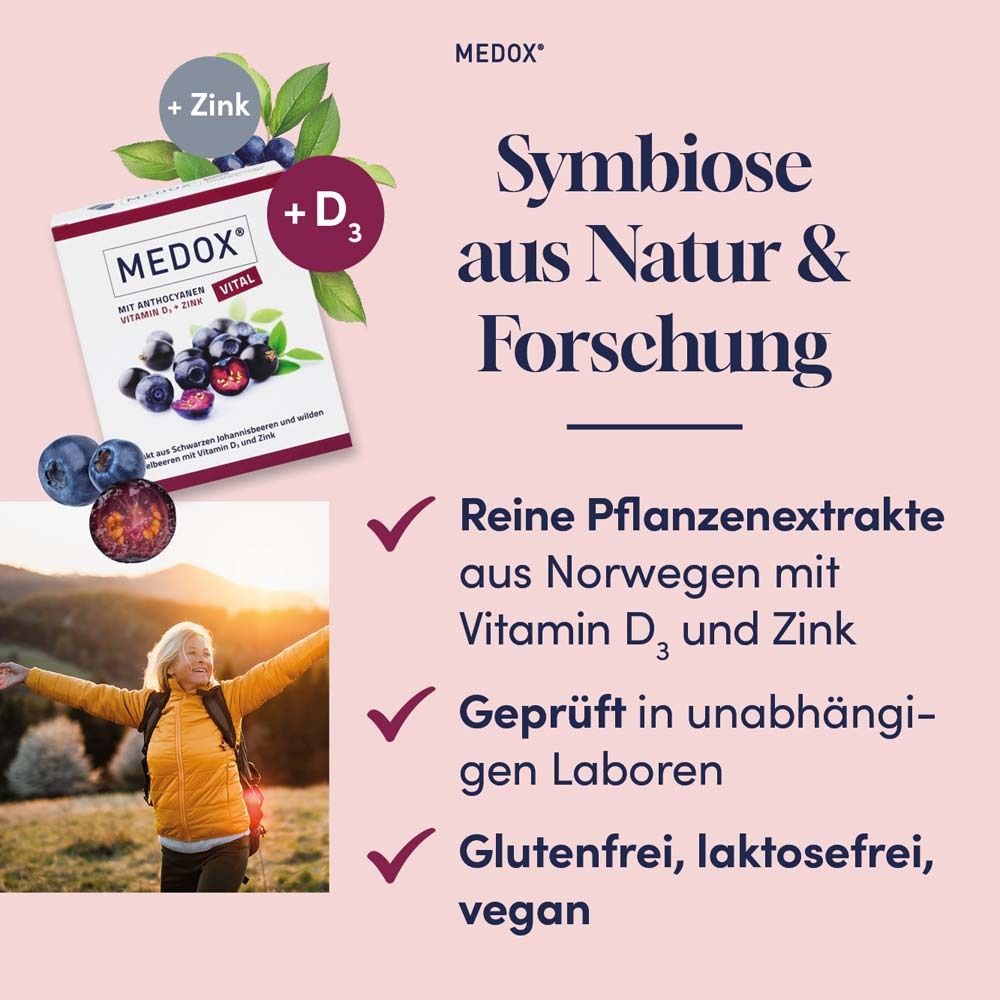 Text: Symbiose aus Natur & Forschung. Abbildung von MEDOX® Vital Verpackung, Frau, Blaubeeren, Zink und D3.