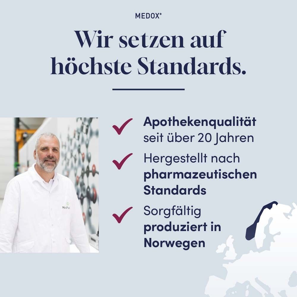 MEDOX Vital: Mann im Labor. Apothekenqualität, pharmazeutische Standards, produziert in Norwegen.