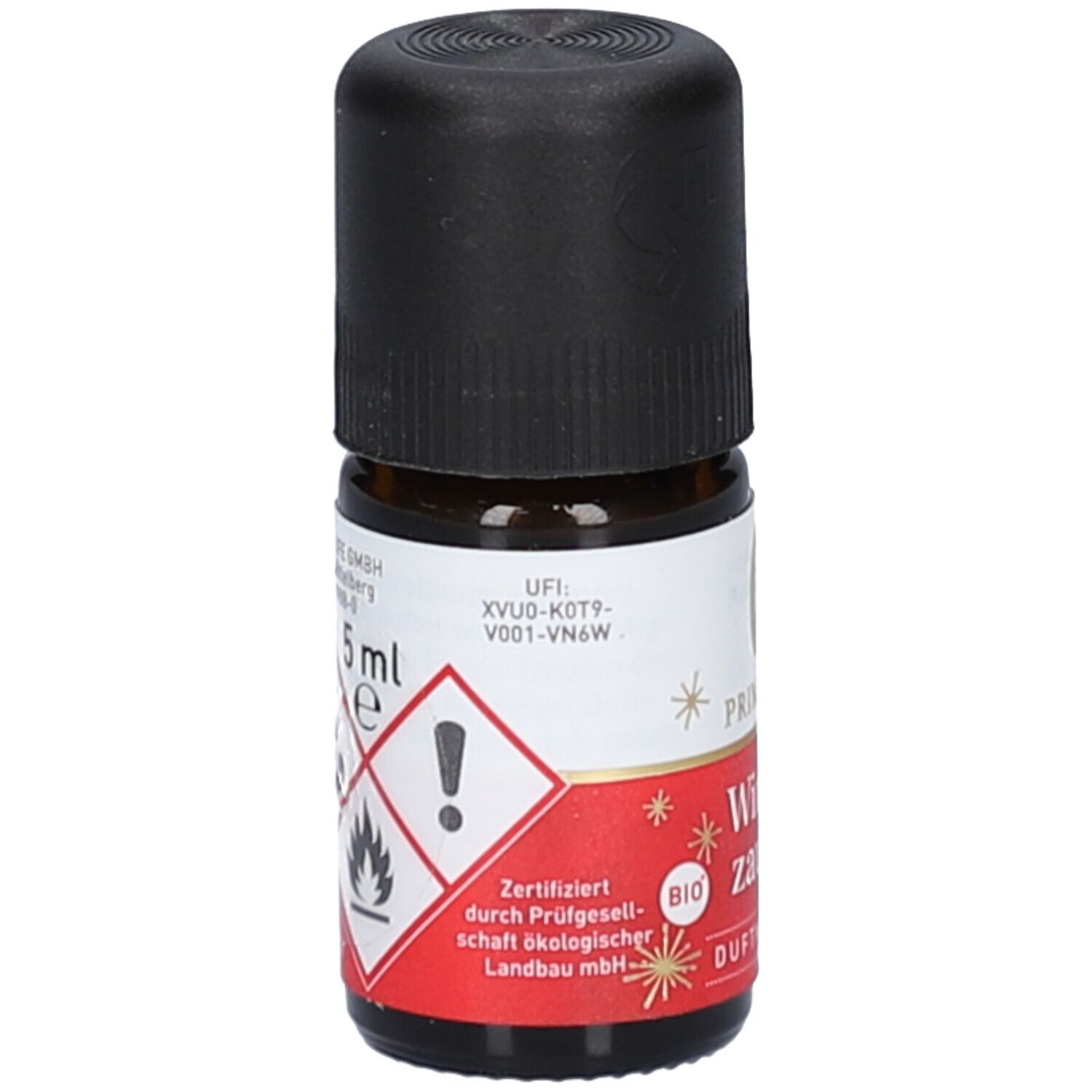 Braune Glasflasche mit schwarzem Deckel. Etikett mit Warnsymbolen, "5 ml" und Zertifizierung.
