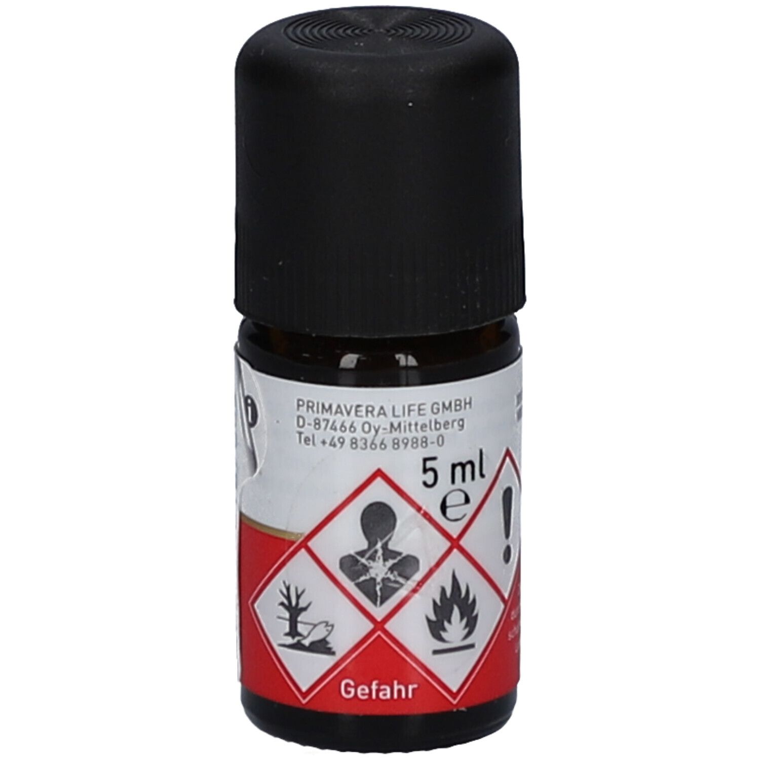 Braune Glasflasche mit schwarzem Deckel. Etikett mit Warnsymbolen und "5 ml".