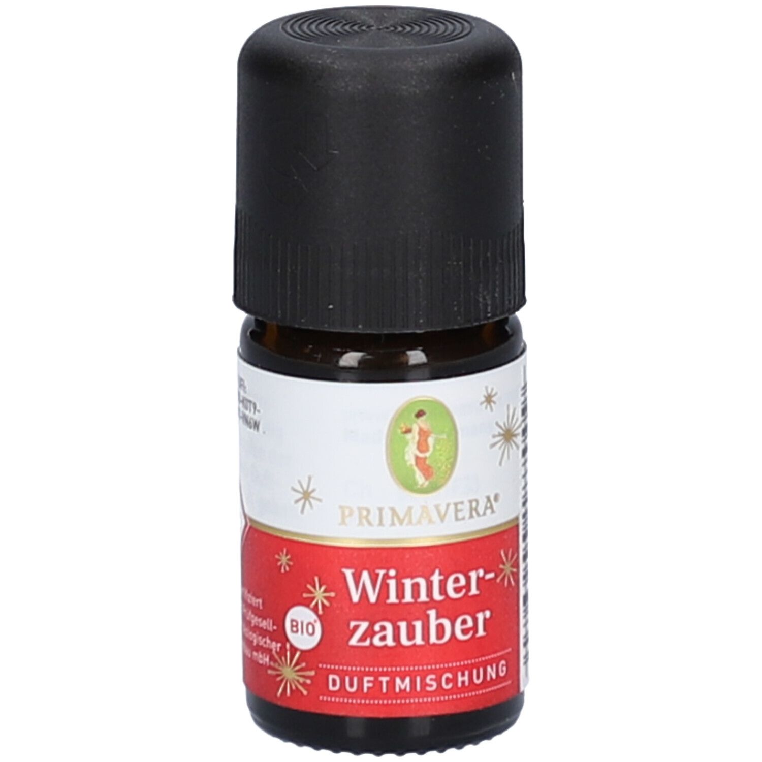 Braune Glasflasche mit schwarzem Deckel. Etikett mit "Primavera", "Winterzauber", "BIO" und Illustration.