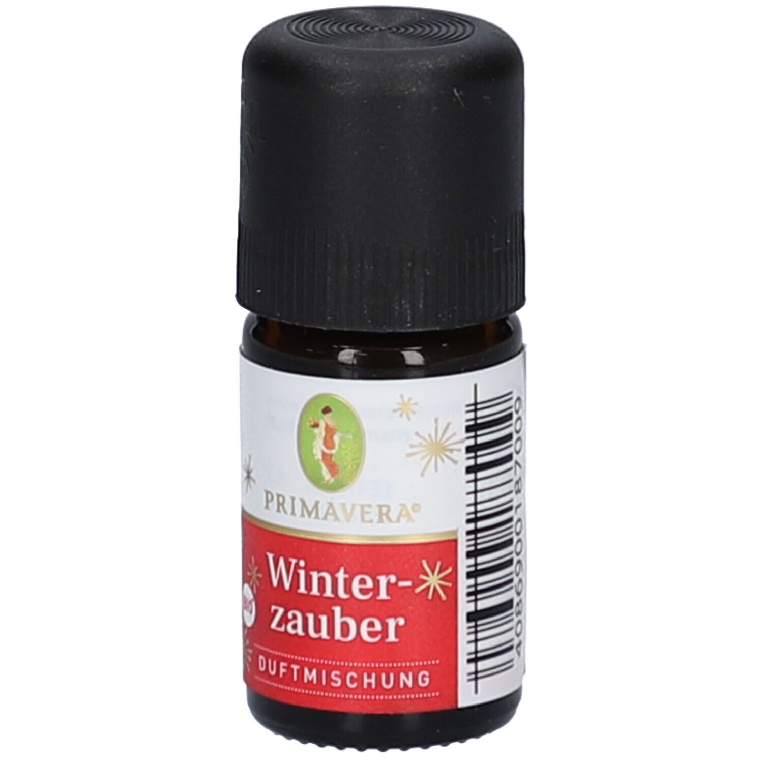 Braune Glasflasche mit schwarzem Deckel. Etikett mit "Primavera", "Winterzauber" und Barcode.