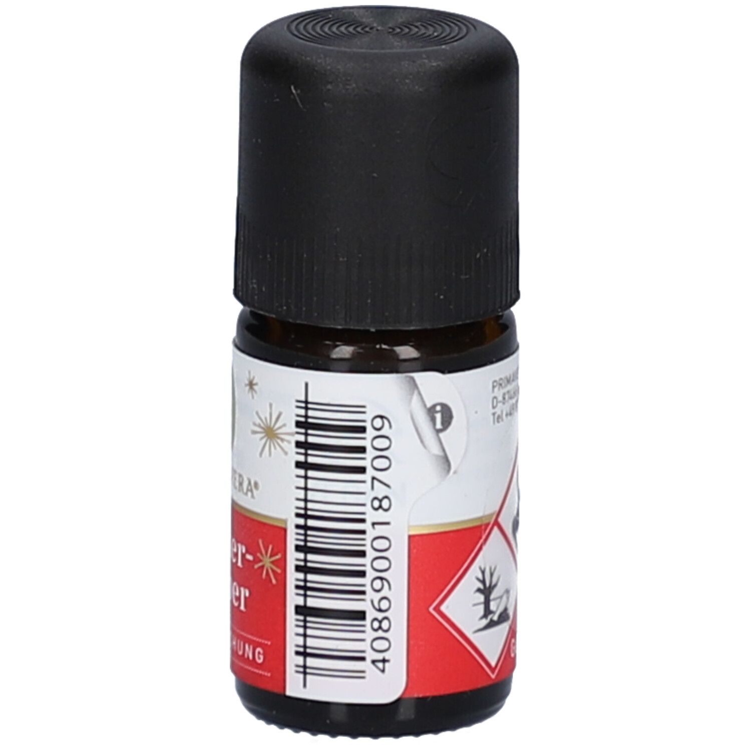 Braune Glasflasche mit schwarzem Deckel. Etikett mit Barcode und Warnsymbolen.