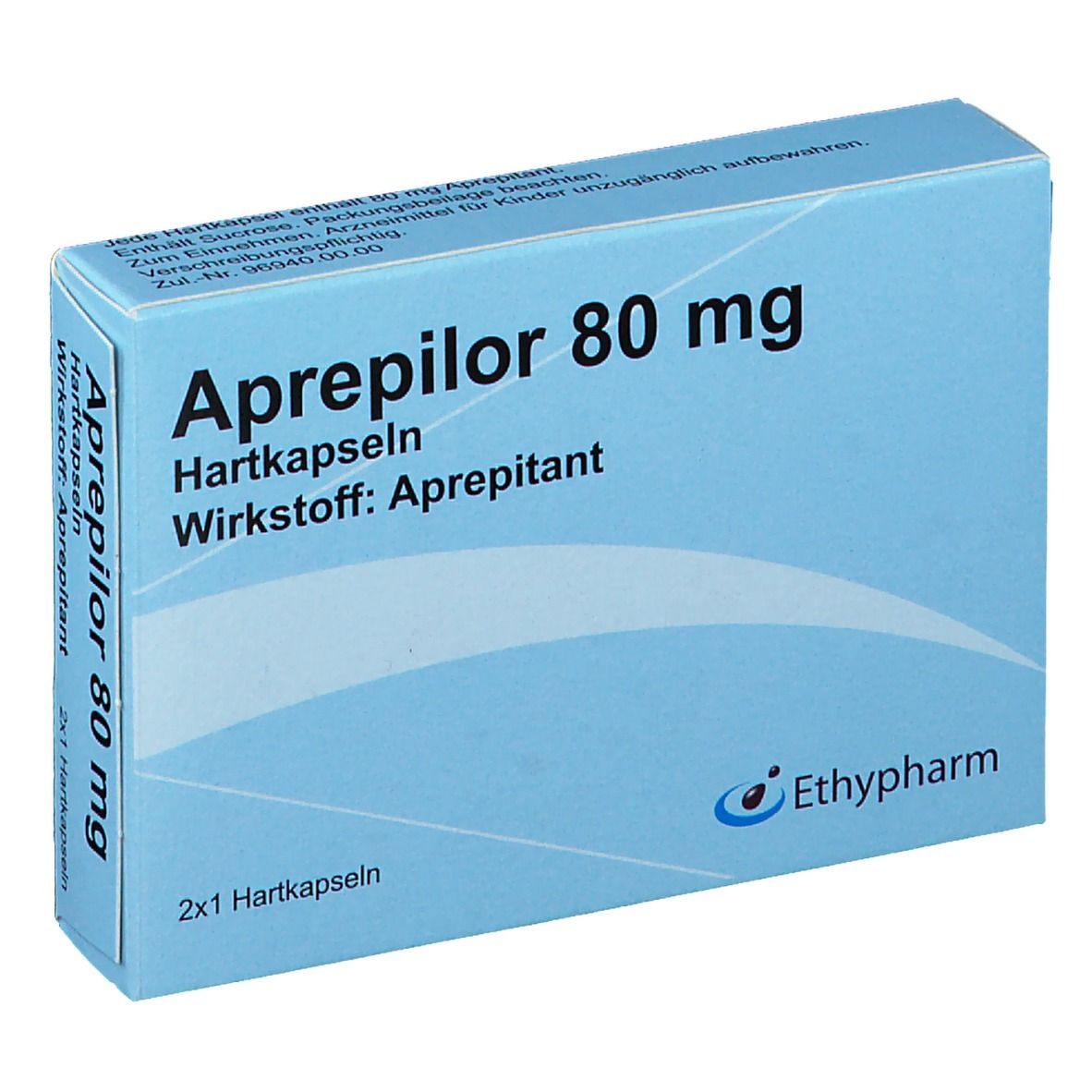 Hellblaue Schachtel mit Aufschrift Aprepilor 80 mg, Hartkapseln, Wirkstoff Aprepitant. Logo Ethypharm.