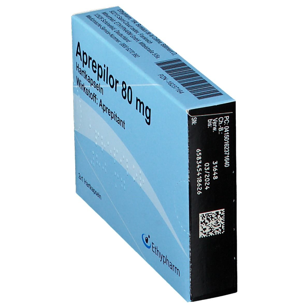Hellblaue Schachtel, Aprepilor 80 mg, Hartkapseln, Wirkstoff Aprepitant. Logo Ethypharm. Seitenansicht.