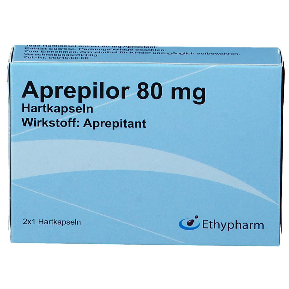 Hellblaue Schachtel mit Aufschrift Aprepilor 80 mg, Hartkapseln, Wirkstoff Aprepitant. Logo Ethypharm.