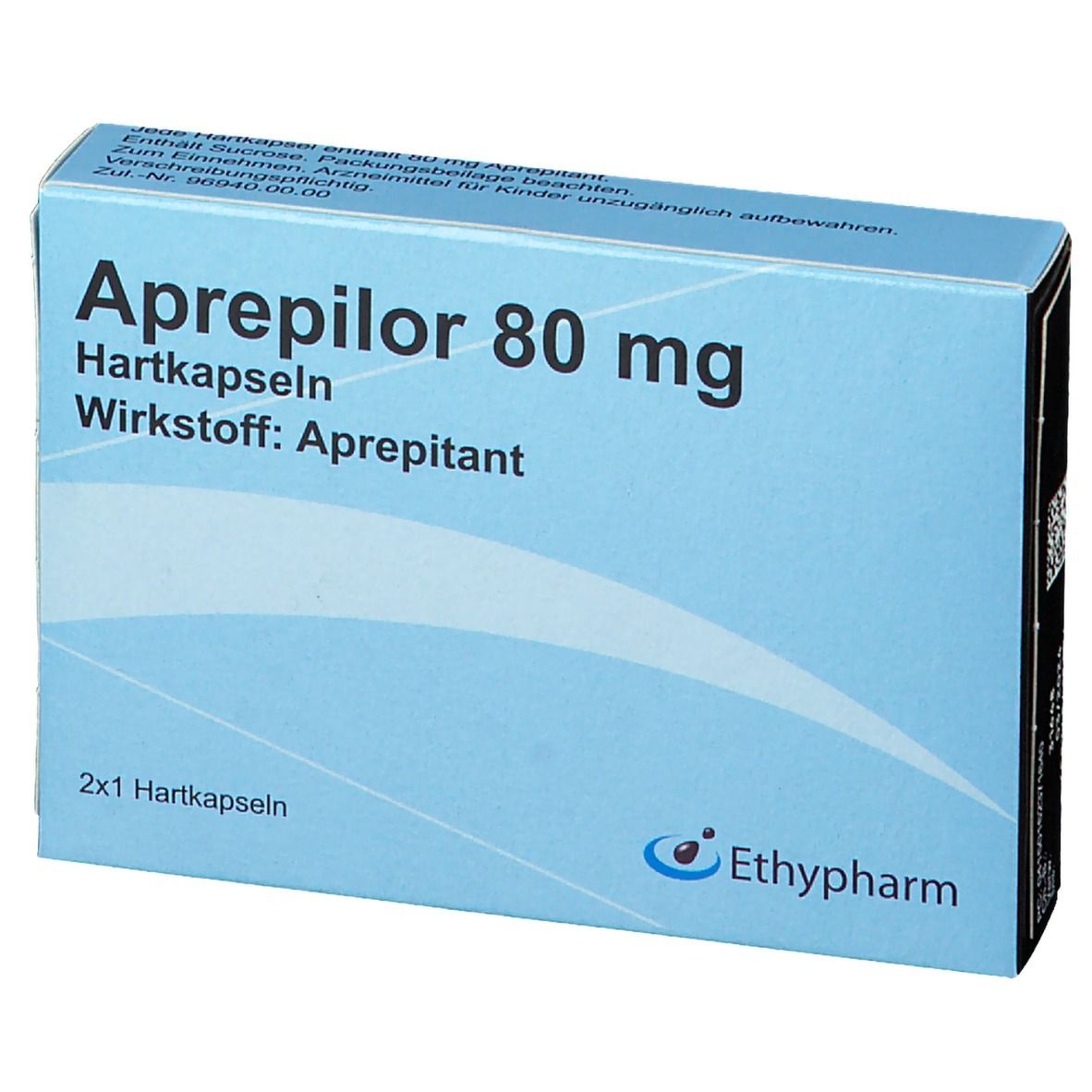 Hellblaue Schachtel mit Aufschrift Aprepilor 80 mg, Hartkapseln, Wirkstoff Aprepitant. Logo Ethypharm.