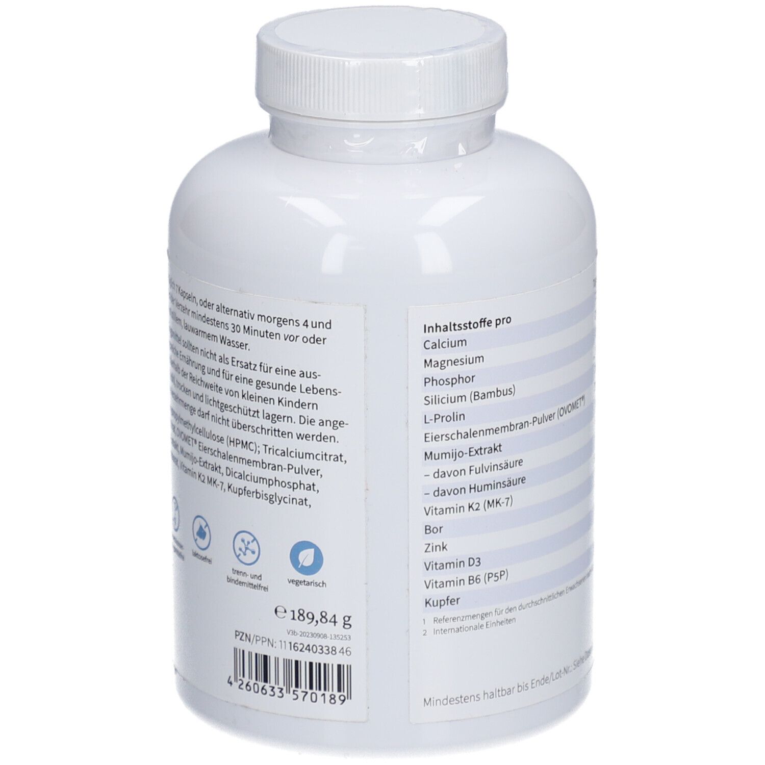 Rückseite der weißen Flasche. Auflistung der Inhaltsstoffe pro Portion. Enthält Calcium, Magnesium, Phosphor, Silicium, L-Prolin.