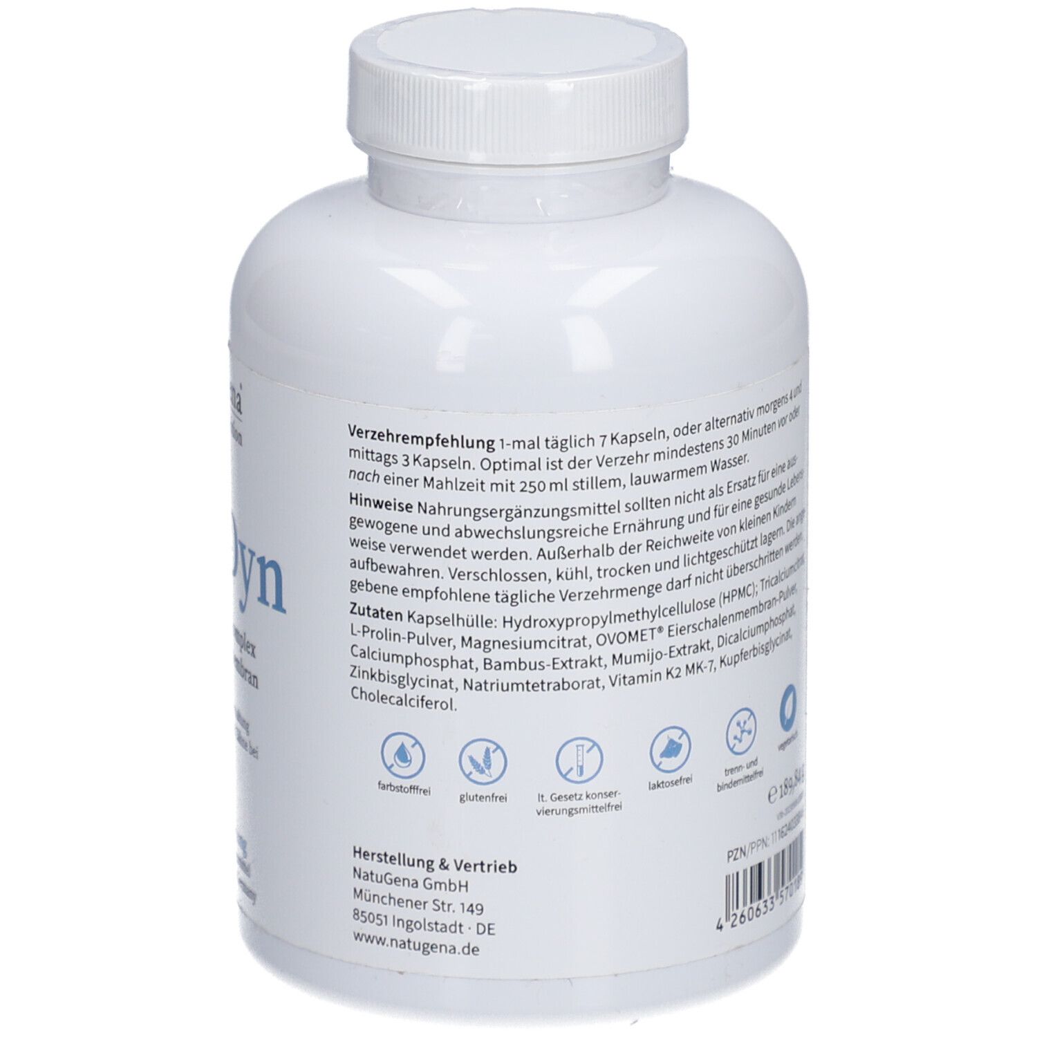 Rückseite der weißen Flasche. Auflistung der Inhaltsstoffe und Verzehrempfehlung. Enthält Calcium, Magnesium, Vitamin D3, K2.
