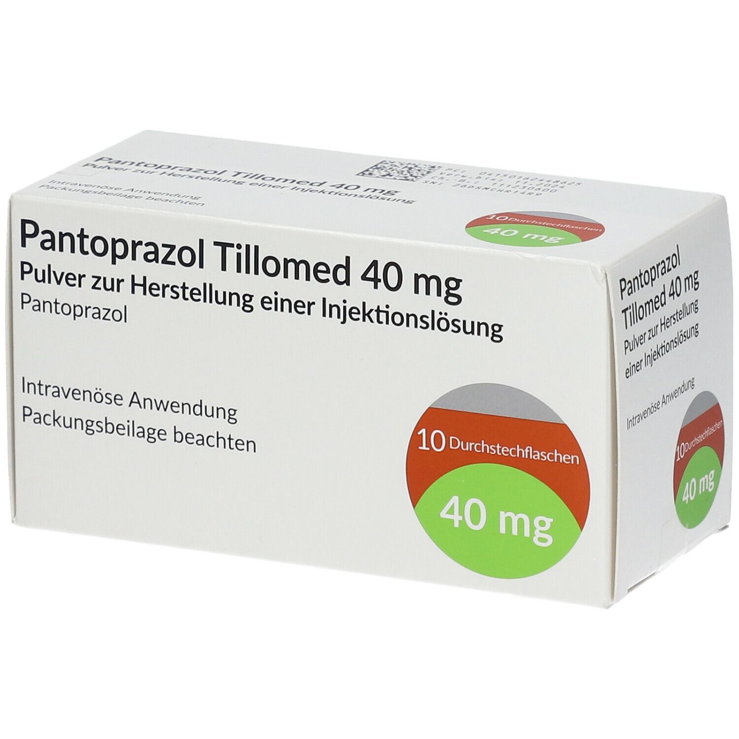 PANTOPRAZOL Tillomed 40 mg, Packung. Aufschrift: 10 Durchstechflaschen, 40 mg. Weißer Karton mit grünen und roten Akzenten.