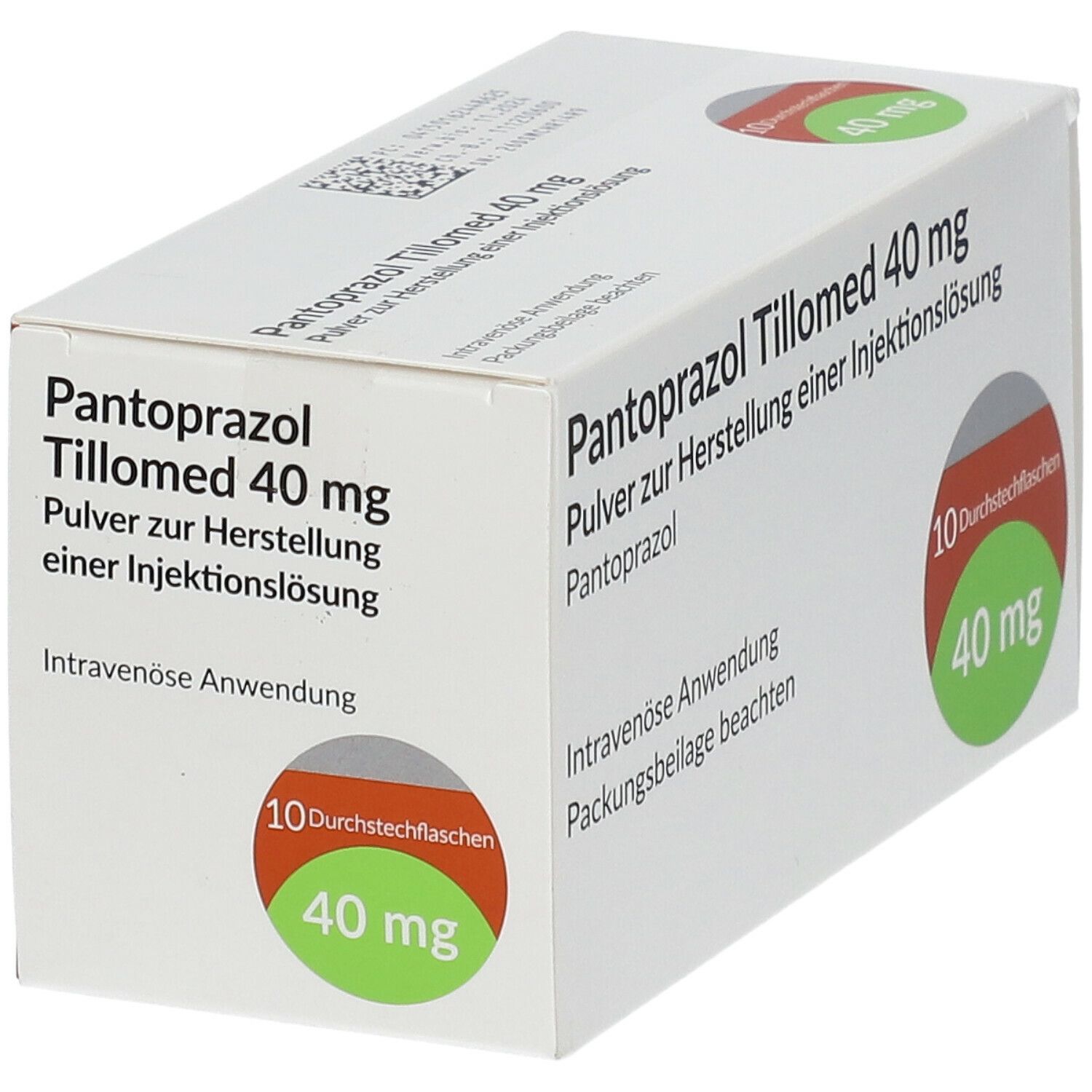 PANTOPRAZOL Tillomed 40 mg, Packung. Aufschrift: 10 Durchstechflaschen, 40 mg. Weißer Karton mit grünen und roten Akzenten.