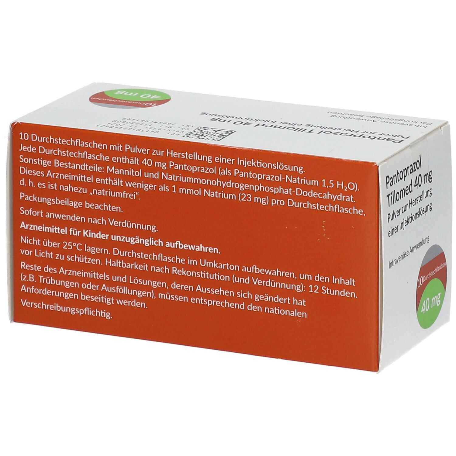 PANTOPRAZOL Tillomed 40 mg, Packungsrückseite. Text und Aufschriften. Braune und weiße Farbgebung.