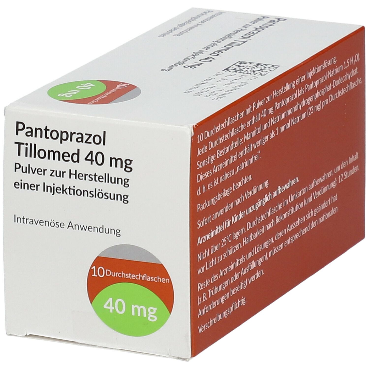 PANTOPRAZOL Tillomed 40 mg, Packung. Aufschrift: 10 Durchstechflaschen, 40 mg. Weißer Karton mit grünen und roten Akzenten.