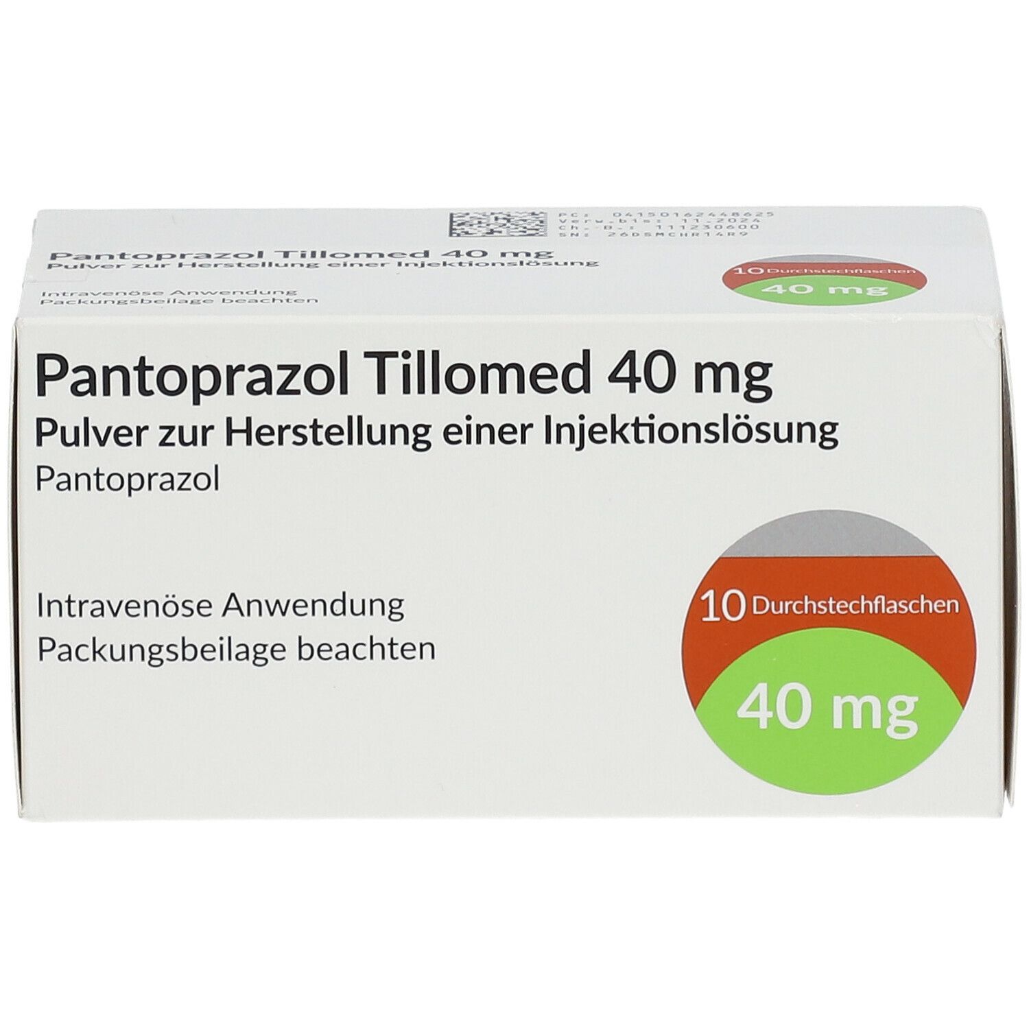 PANTOPRAZOL Tillomed 40 mg, Packung. Aufschrift: 10 Durchstechflaschen, 40 mg. Weißer Karton mit grünen und roten Akzenten.