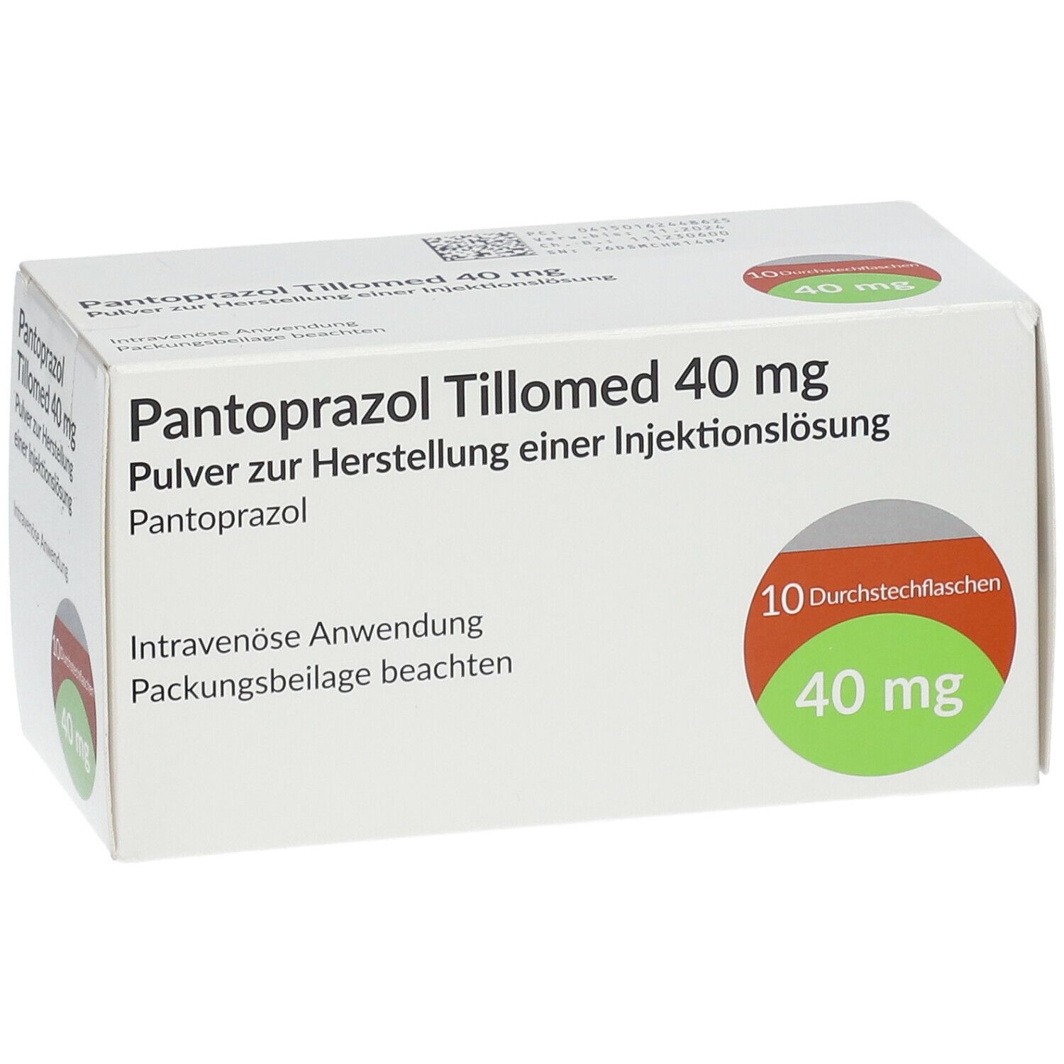 PANTOPRAZOL Tillomed 40 mg, Packung. Aufschrift: 10 Durchstechflaschen, 40 mg. Weißer Karton mit grünen und roten Akzenten.