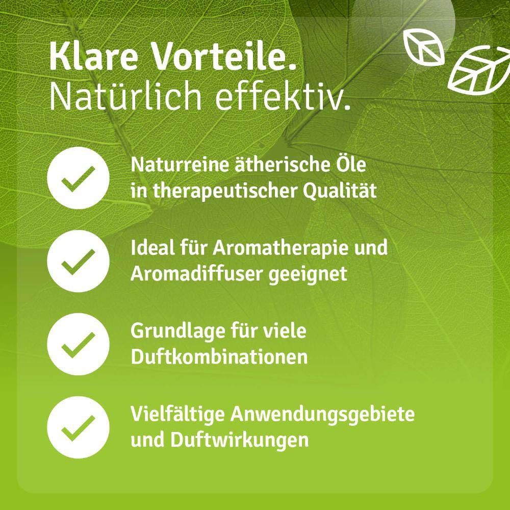 Grüne Grafik mit Text: Klare Vorteile. Natürlich effektiv. Naturreine ätherische Öle in therapeutischer Qualität.