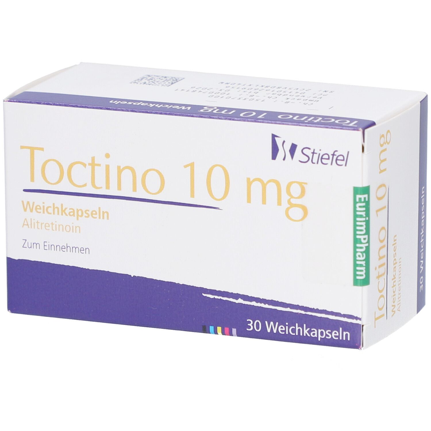 Schachtel mit "Toctino 10 mg". Enthält 30 Weichkapseln. Marke Stiefel. Lila und weiße Verpackung.