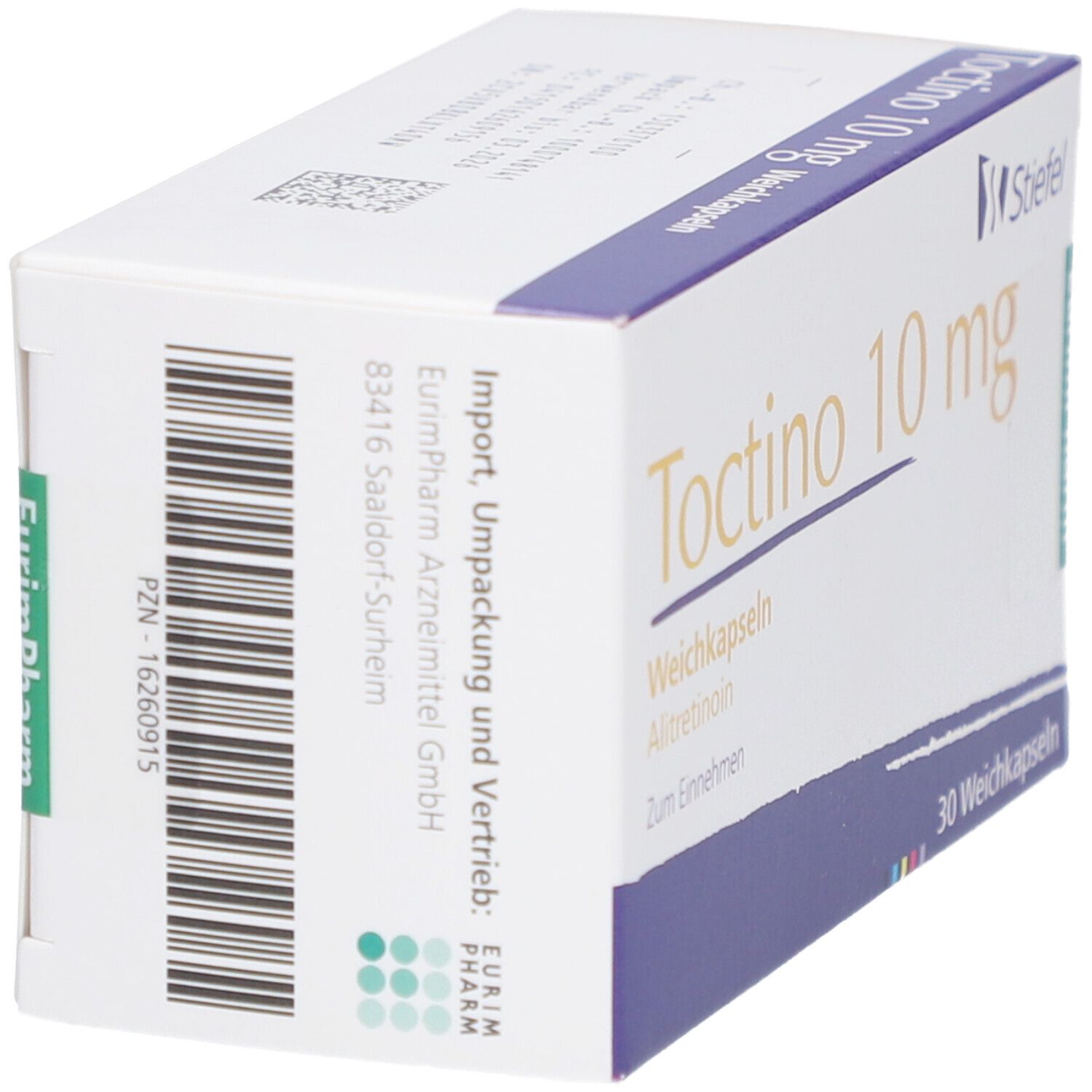 Schachtel "Toctino 10 mg". Marke Stiefel. Barcode und Text auf der Seite. 30 Weichkapseln.