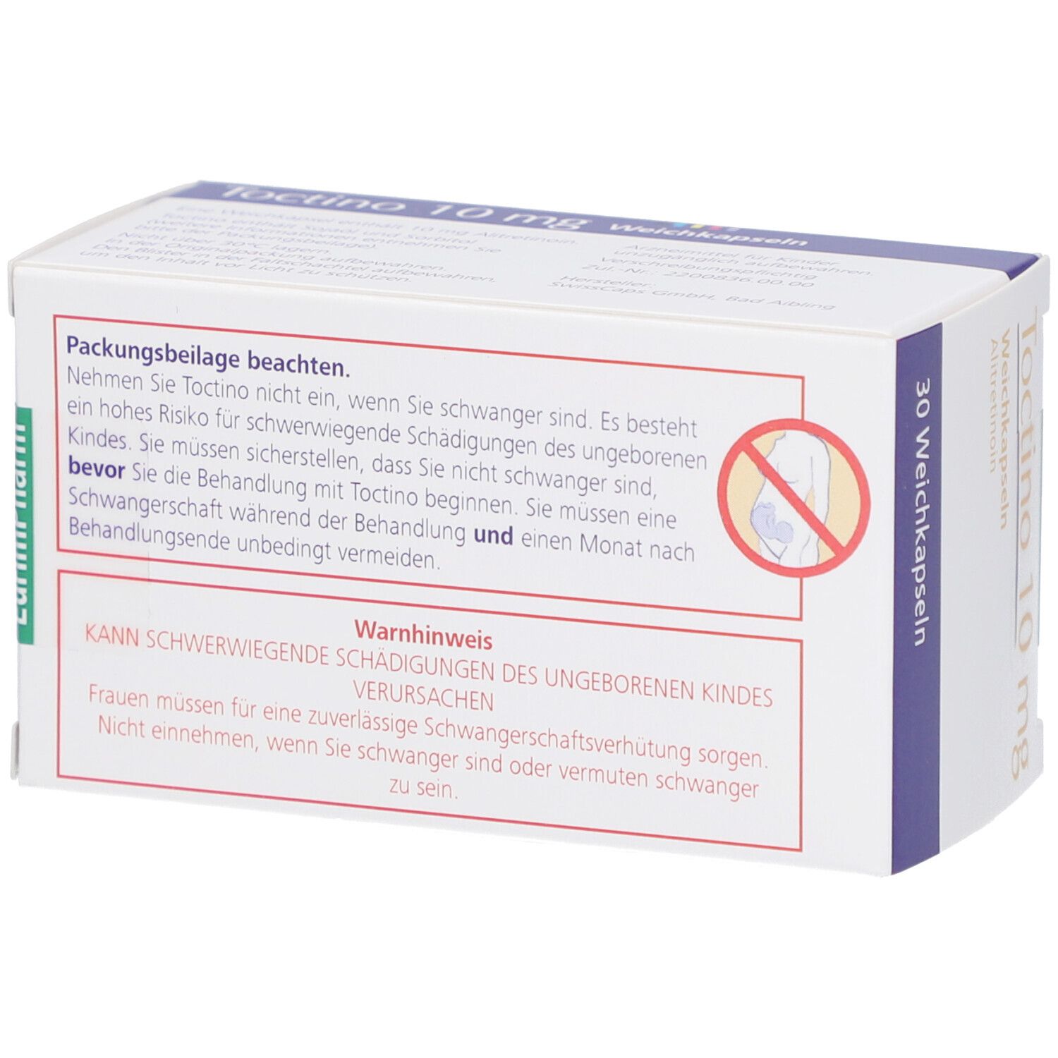 Rückseite der "Toctino 10 mg" Schachtel. Warnhinweis und Schwangerschafts-Symbol. 30 Weichkapseln.