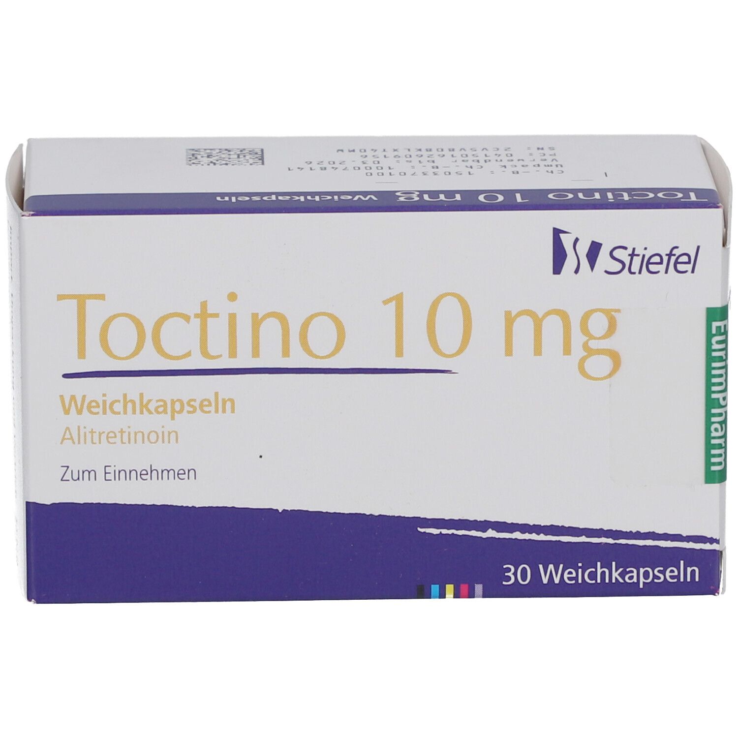 Schachtel "Toctino 10 mg". Marke Stiefel. Enthält Weichkapseln. Lila und weiße Verpackung.