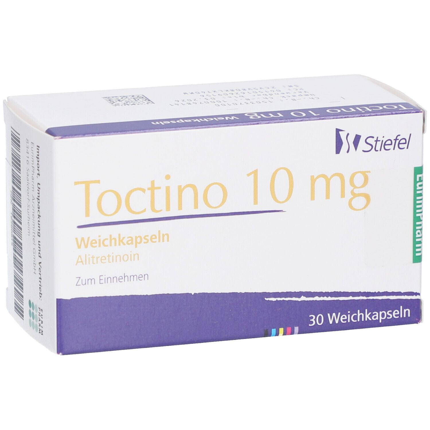 Schachtel "Toctino 10 mg". Marke Stiefel. Enthält Weichkapseln. Lila und weiße Verpackung.