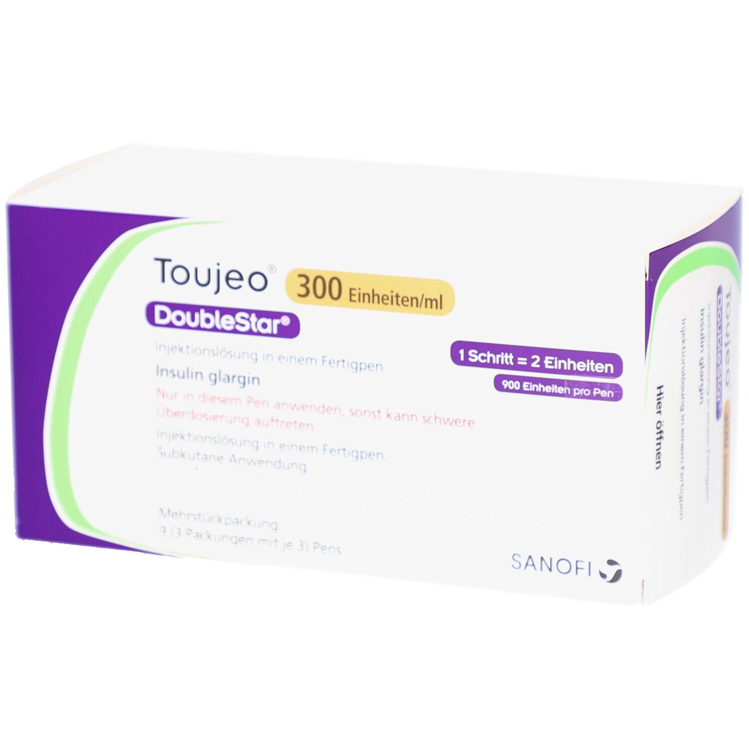 Verpackung von Toujeo DoubleStar. Weiß, lila und grün. Text: 300 Einheiten/ml, Insulin glargin, 900 Einheiten pro Pen.