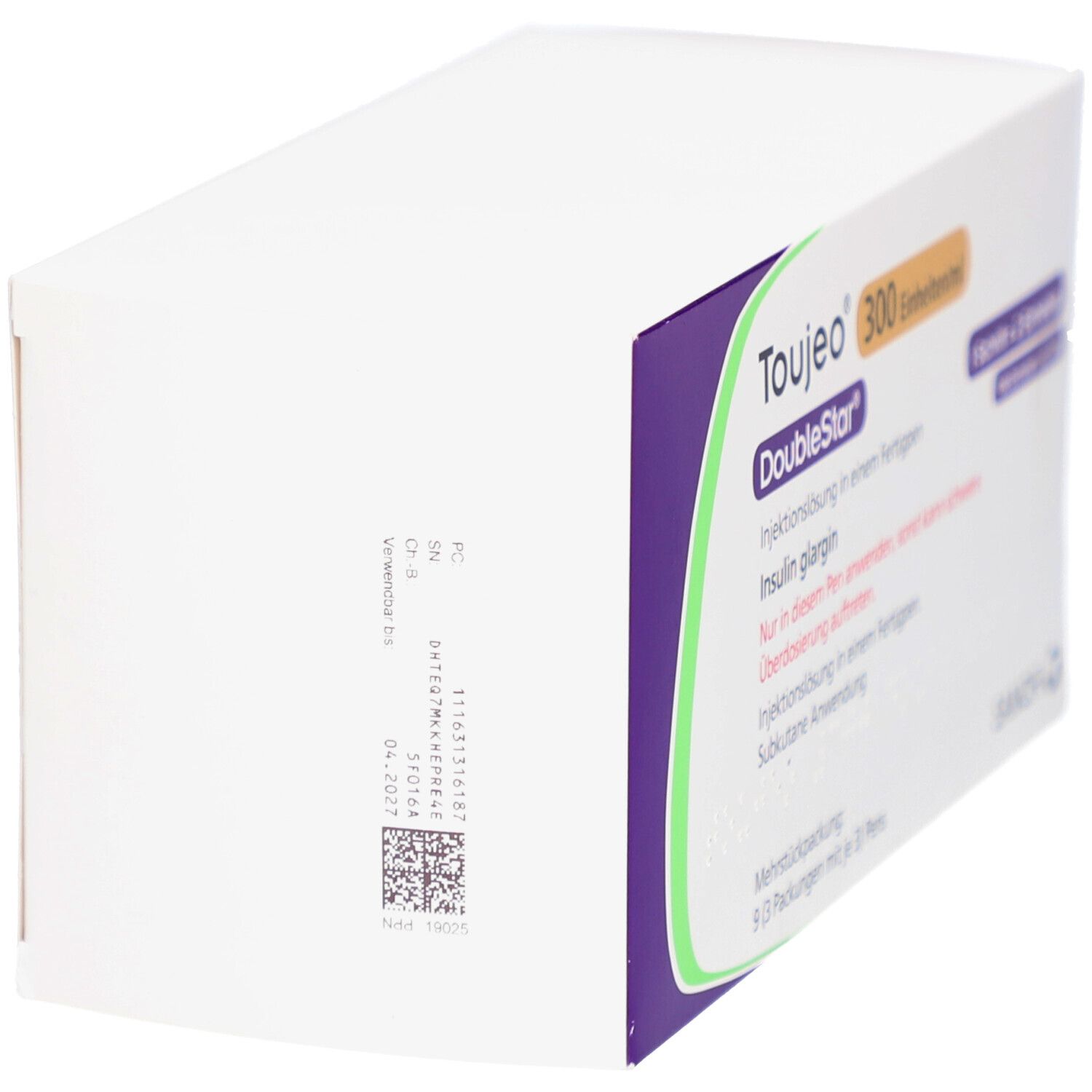 Verpackung von Toujeo DoubleStar. Rückseite mit Text und Barcode. Weiß, lila und grün. Sanofi Logo.