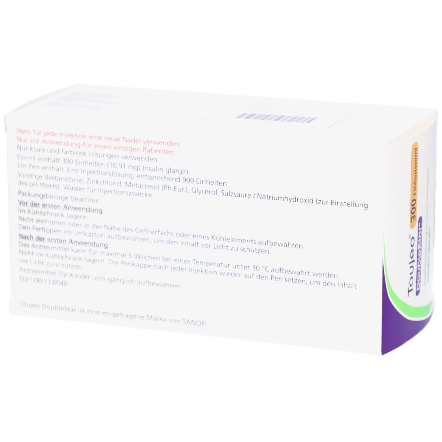 Verpackung von Toujeo DoubleStar. Text auf weißem Hintergrund. Sanofi Logo. Mehrstückpackung.