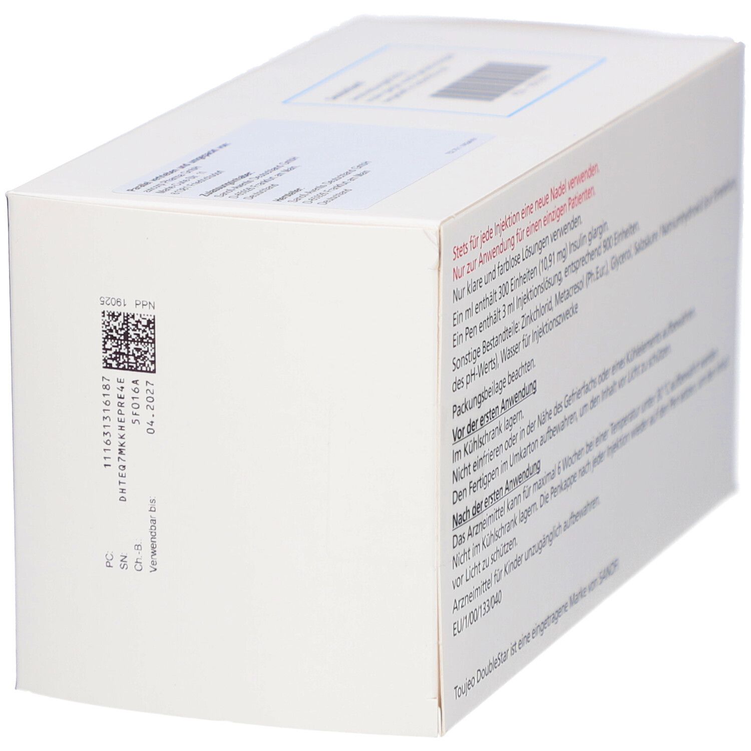 Verpackung von Toujeo DoubleStar. Rückseite mit Text und Barcode. Weiß, lila und grün. Sanofi Logo.
