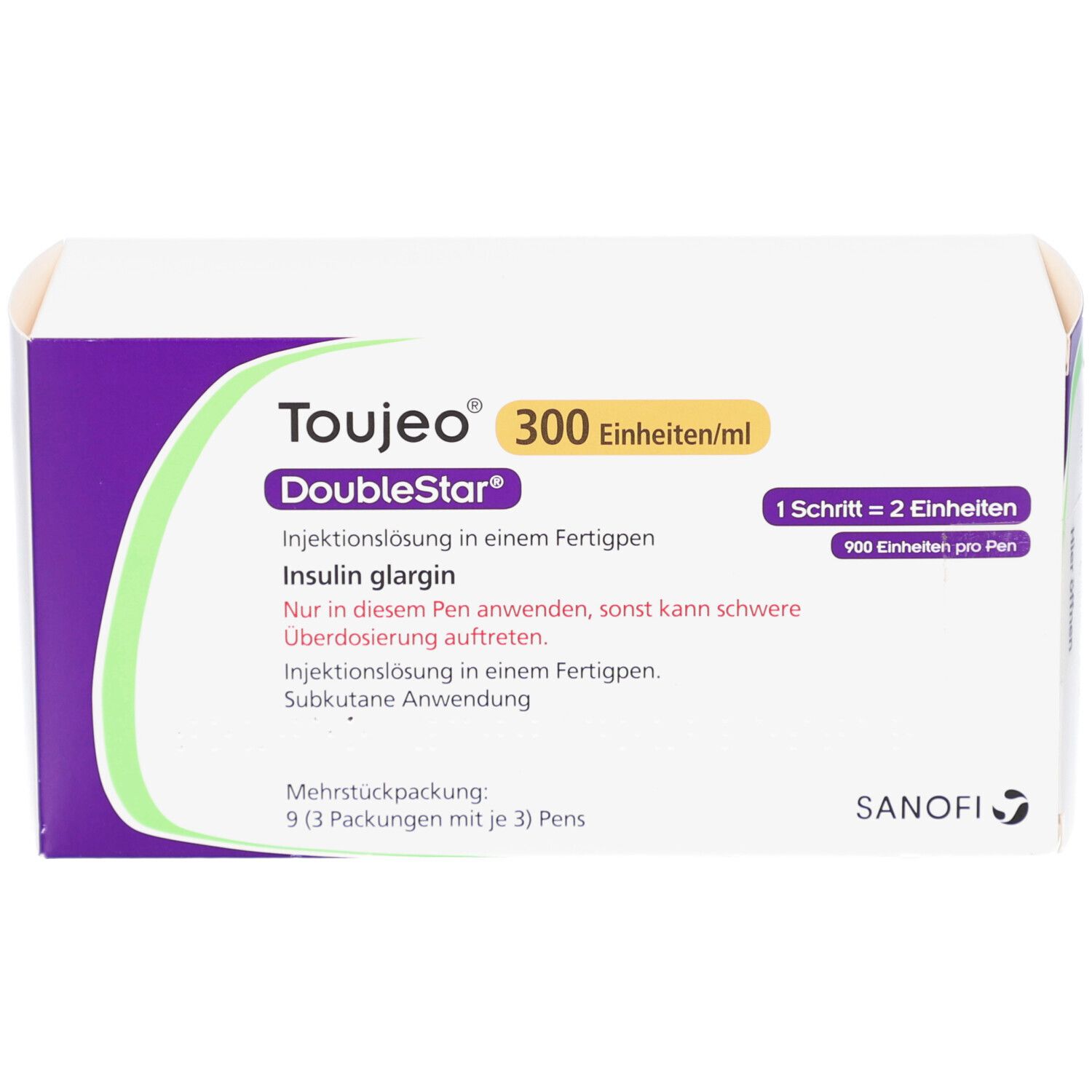 Verpackung von Toujeo DoubleStar. Weiß, lila und grün. Text: 300 Einheiten/ml, Insulin glargin, 900 Einheiten pro Pen.