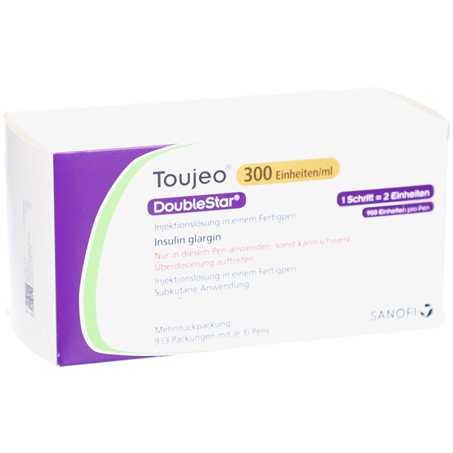 Verpackung von Toujeo DoubleStar. Weiß, lila und grün. Text: 300 Einheiten/ml, Insulin glargin, 900 Einheiten pro Pen.