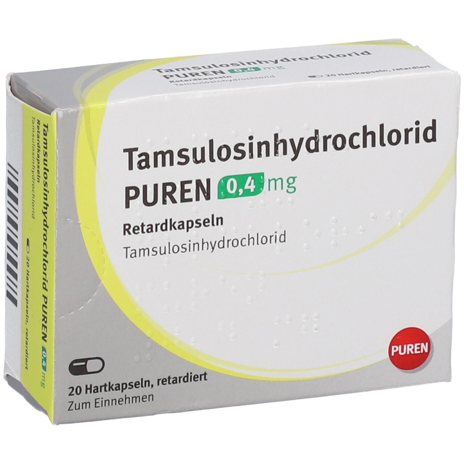 Packung Tamsulosinhydrochlorid PUREN 0,4 mg, Seitenansicht mit gelbem Streifen.