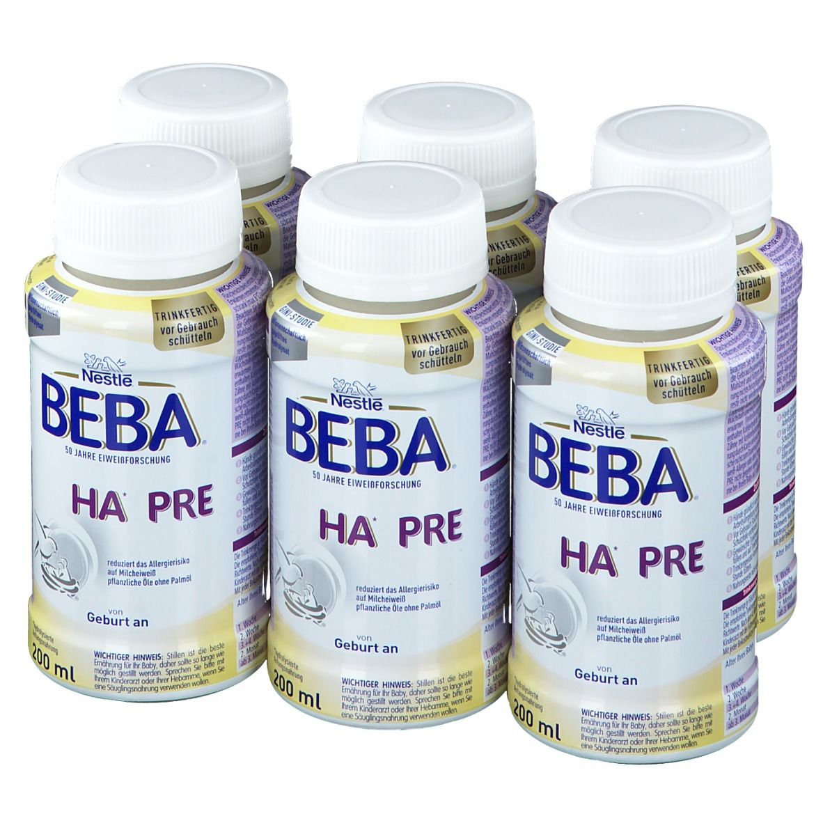 Sechs Flaschen Nestlé BEBA HA Pre flüssig. Weiße Deckel, gelb-lila Etiketten. Aufschrift BEBA HA PRE, 200 ml.