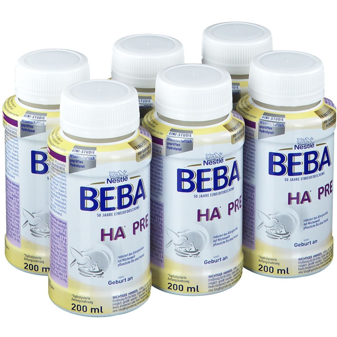 Sechs Flaschen Nestlé BEBA HA Pre flüssig. Weiße Deckel, gelb-lila Etiketten. Aufschrift BEBA HA PRE, 200 ml.